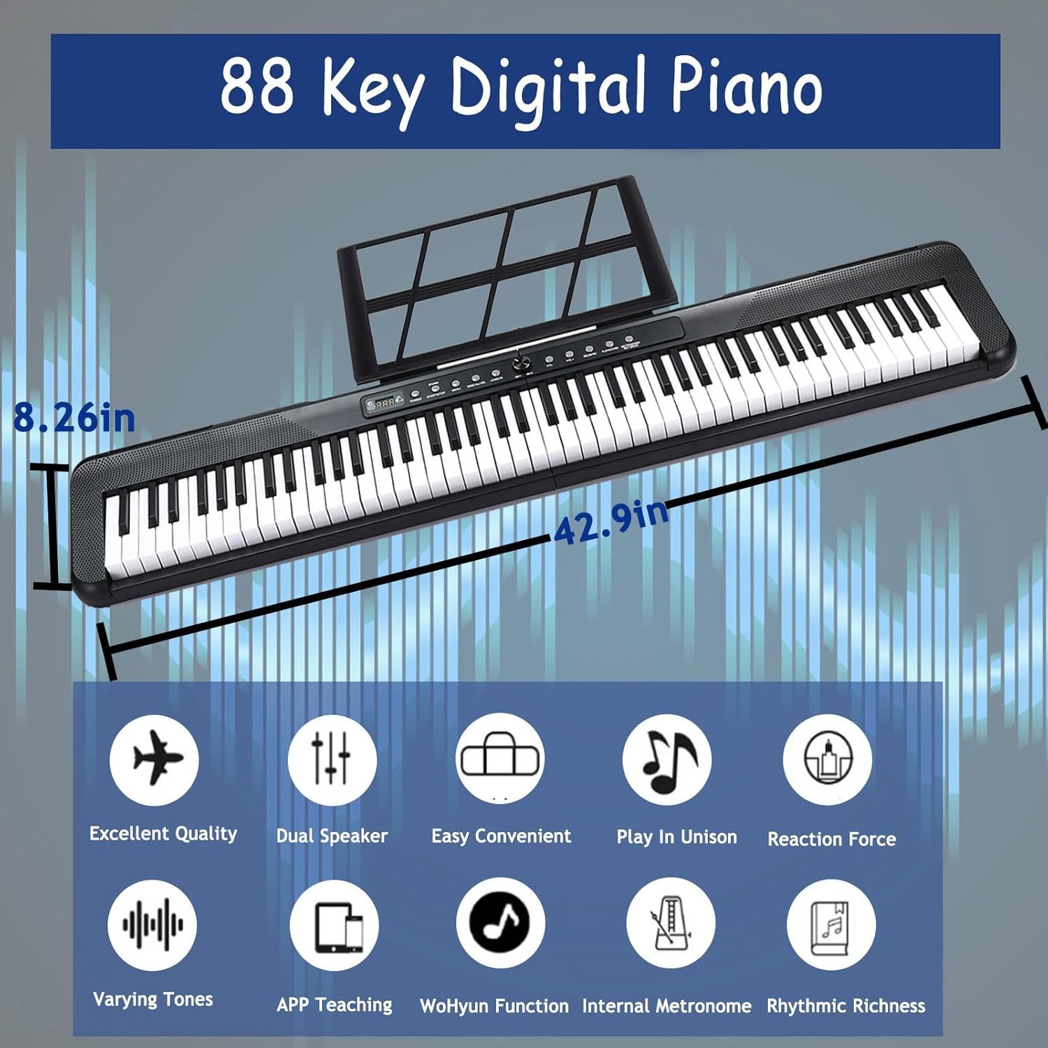 Communicates the exact physical size of the digital piano (42.9 inches length, 8.26 inches width) to help shoppers understand if it will fit their space. Showcases multiple distinct features and…