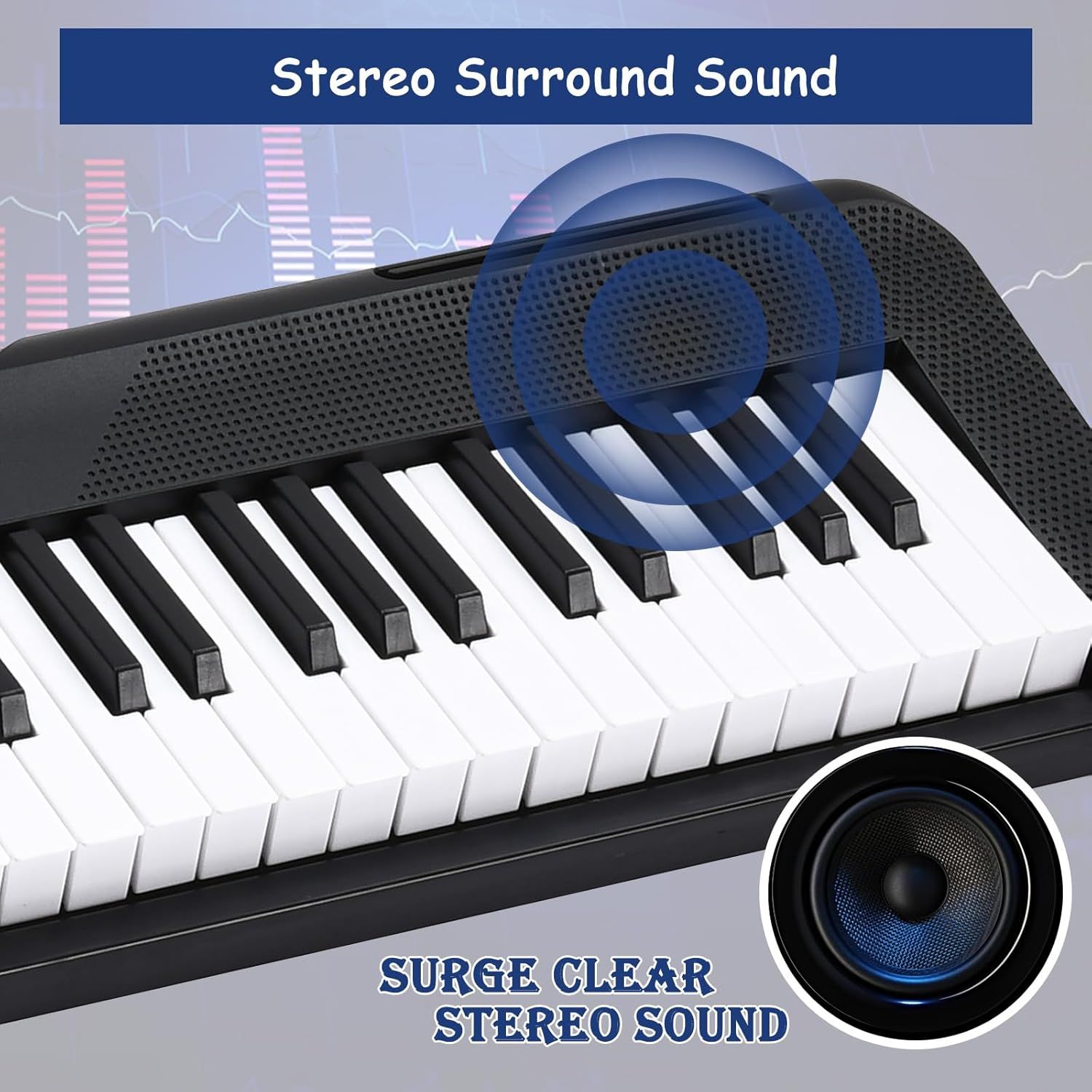 Highlights the keyboard's stereo surround sound capability to communicate superior audio quality and immersive sound experience to potential buyers.