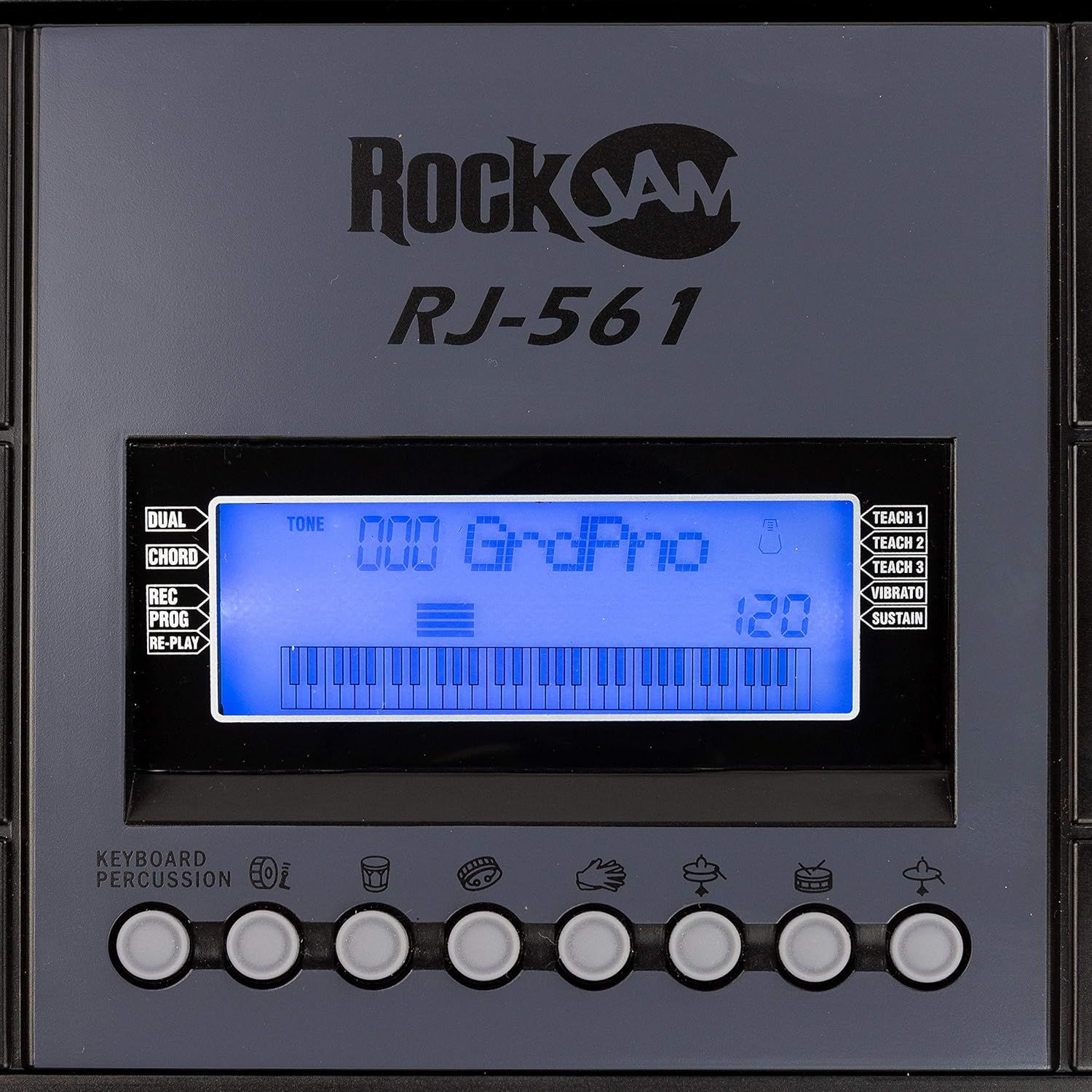 Shows the digital interface and control panel of the RockJam RJ-561 keyboard to help shoppers understand the product's display features and functionality.
