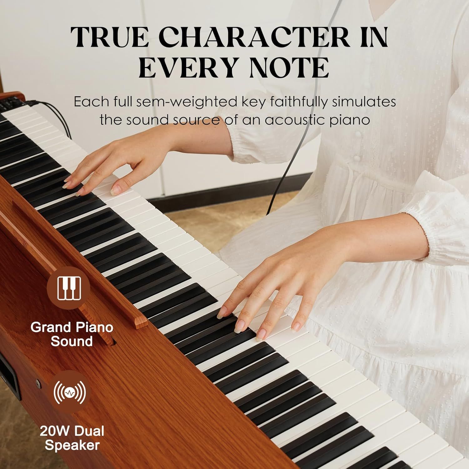 Communicates multiple technical benefits of the digital piano—authentic acoustic piano sound simulation, powerful dual speakers, and semi-weighted keys—to reassure shoppers of the product's quality…