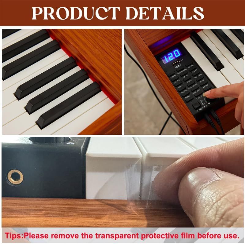 Highlights the physical components and details of the digital piano, including the keys, control panel with digital display, and protective film that needs to be removed before use.
