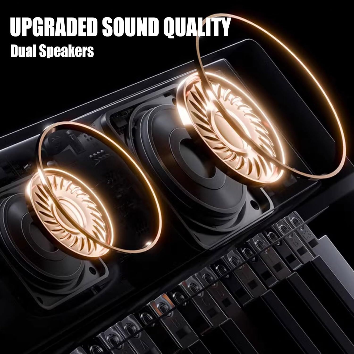 Highlights the internal dual speaker components with glowing visual emphasis to communicate superior audio hardware and upgraded sound quality. Communicates the key benefit of enhanced audio…