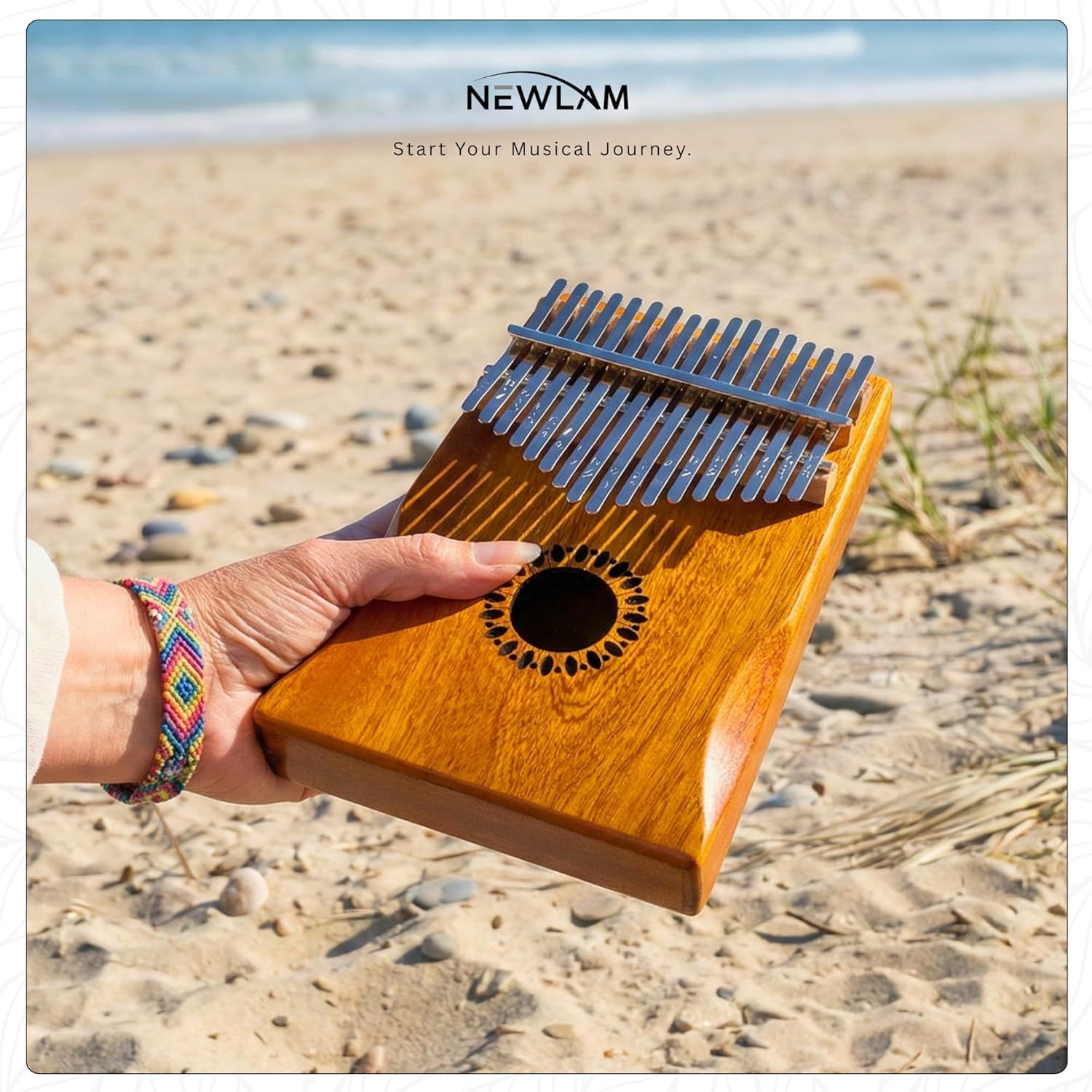 Communicates the brand name NEWLAM and its tagline 'Start Your Musical Journey' to establish brand identity and emotional connection with shoppers interested in music.