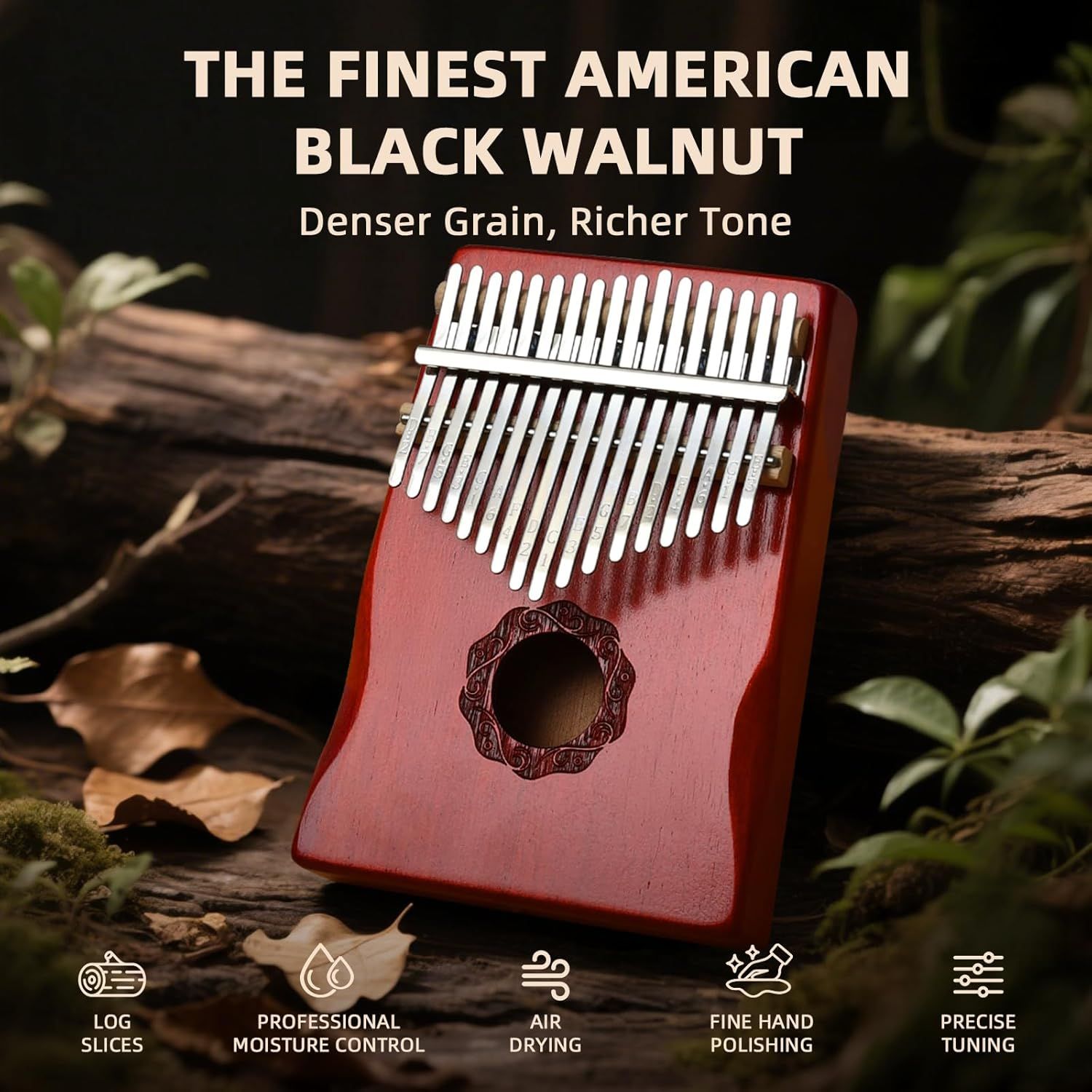 Communicates multiple quality and craftsmanship benefits of the kalimba instrument, emphasizing premium materials and professional manufacturing processes to justify value and build trust with…