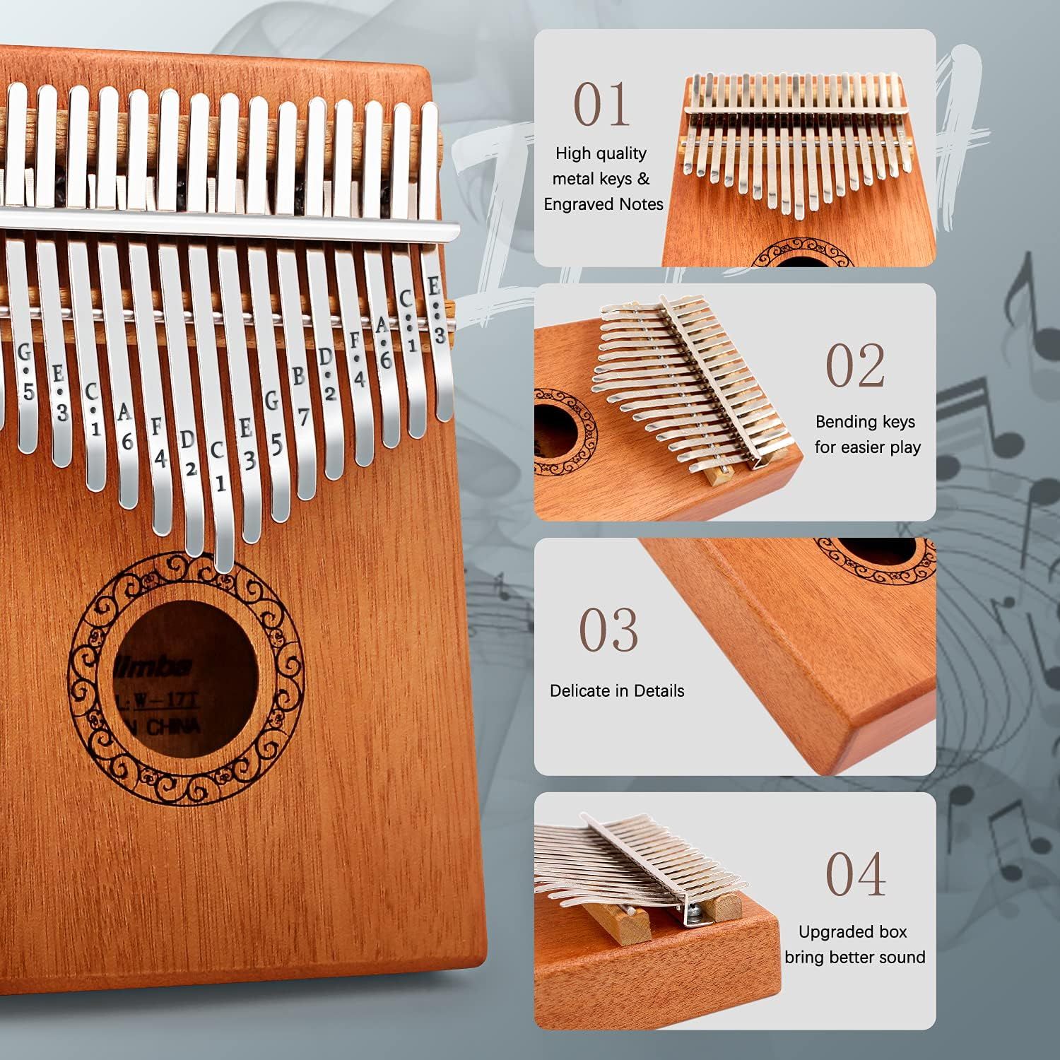 Showcases four distinct product features of the kalimba in a segmented layout to communicate quality construction, playability, craftsmanship, and sound performance.
