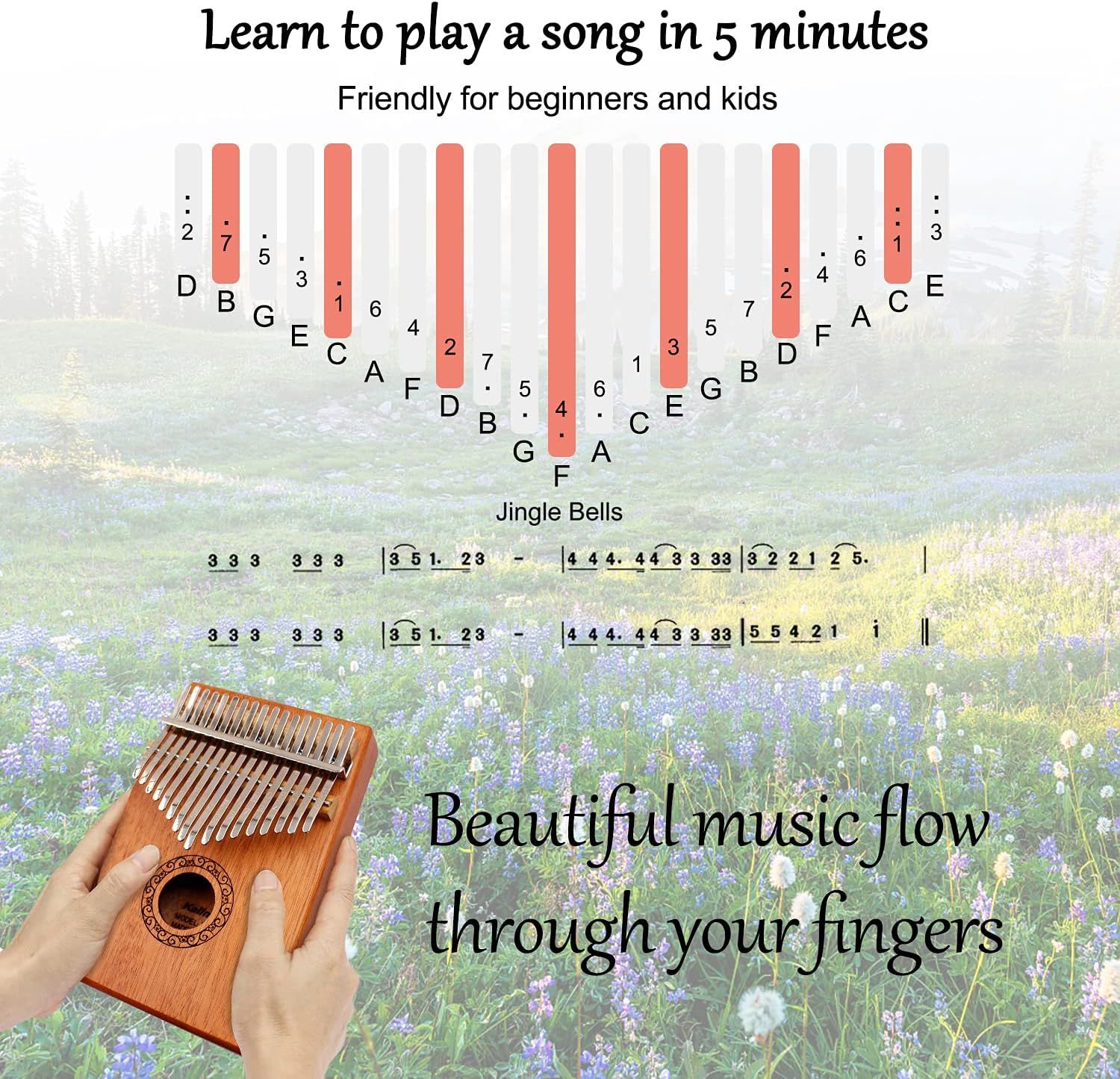 Demonstrates how to play a song (Jingle Bells) on the kalimba instrument using numbered notation and letter guides, reassuring shoppers that the product is beginner-friendly and enables quick…