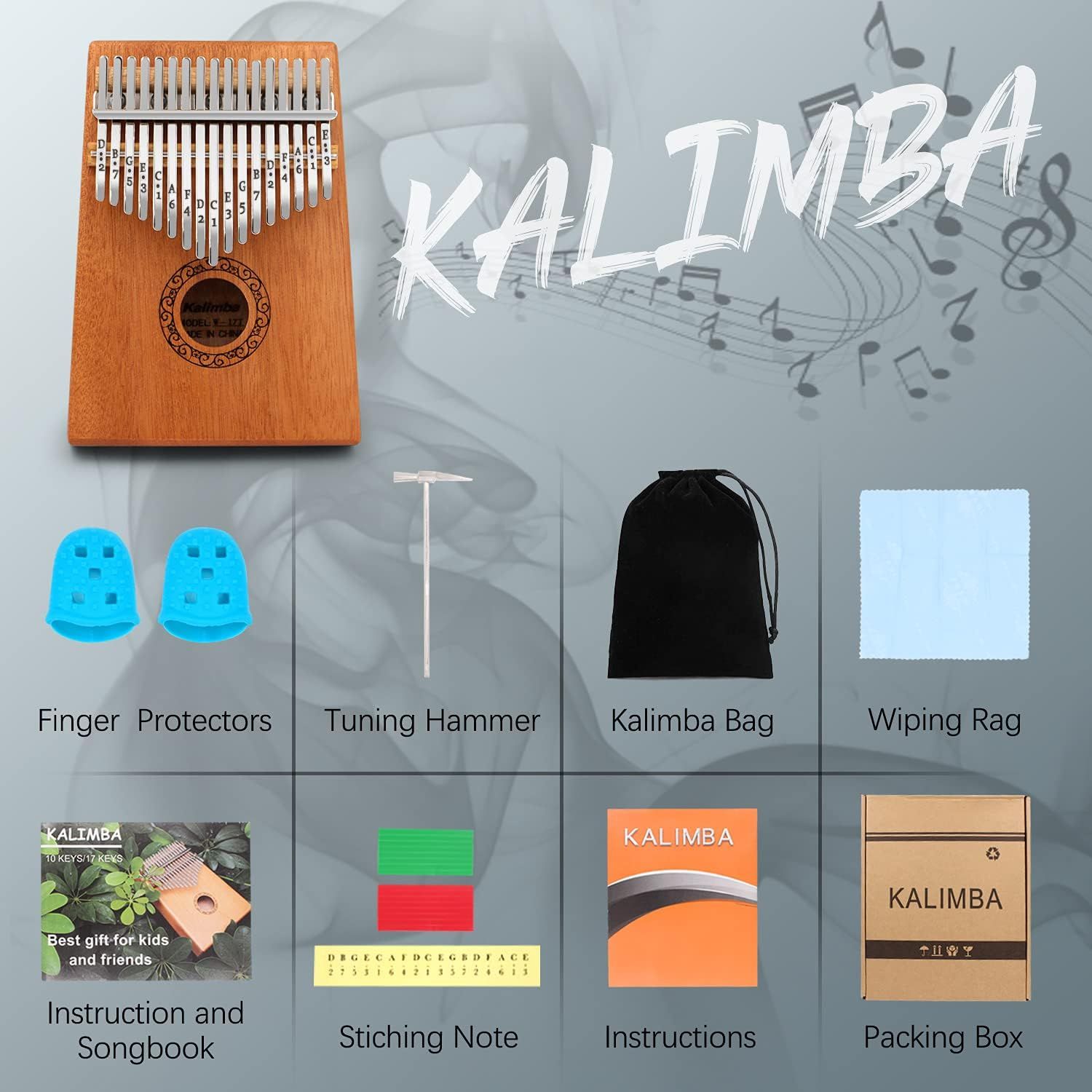 Shows everything included in the purchase: the kalimba instrument, finger protectors, tuning hammer, carrying bag, wiping rag, instruction materials, and packaging to reassure shoppers they're…