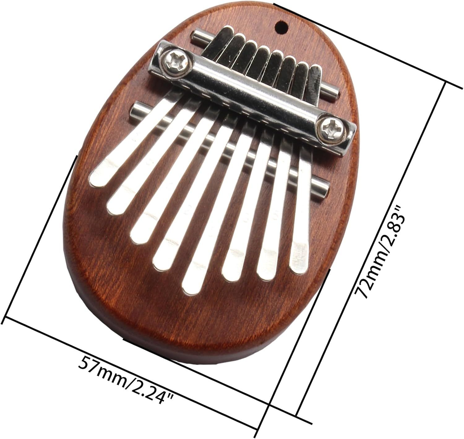 Communicates the exact physical size of the product (57mm x 72mm) to help shoppers understand how compact and portable this thumb piano is.