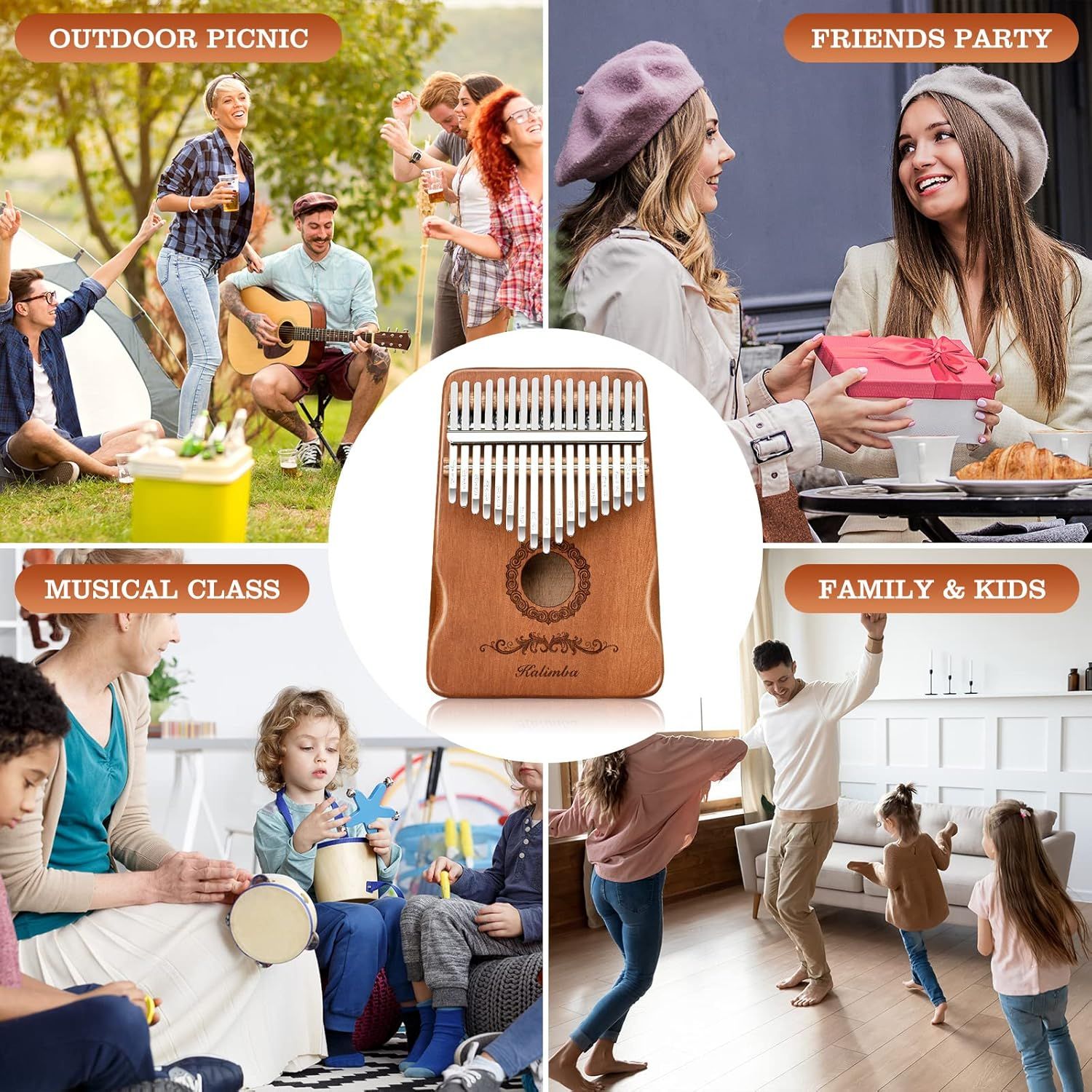 Demonstrates the versatility of the product (kalimba/thumb piano) by showing it can be used across multiple social settings and occasions, from outdoor gatherings to family activities to music…