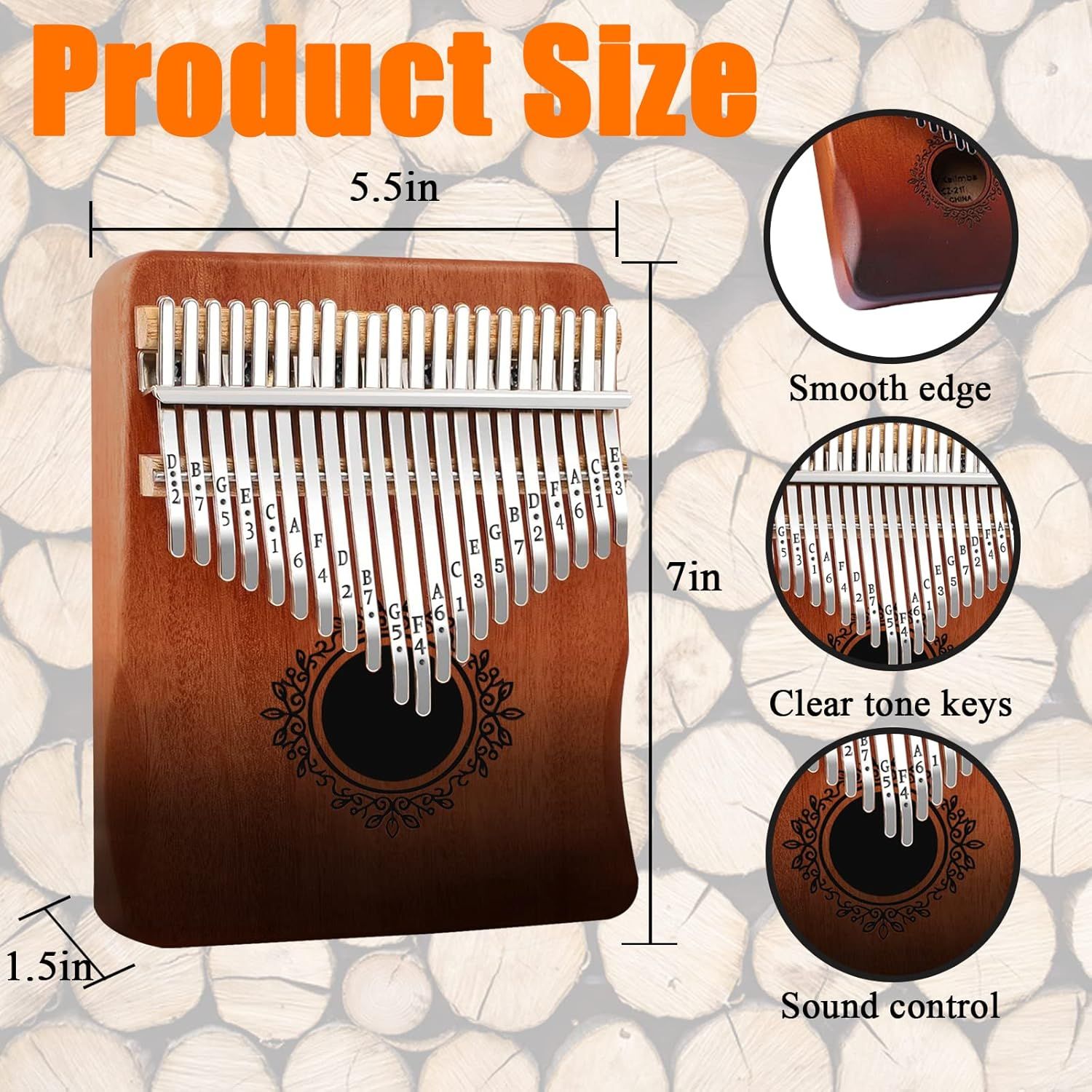 Communicates the exact physical dimensions of the kalimba (5.5in x 7in x 1.5in) and highlights key product features like smooth edges, clear tone keys, and sound control to help shoppers understand…