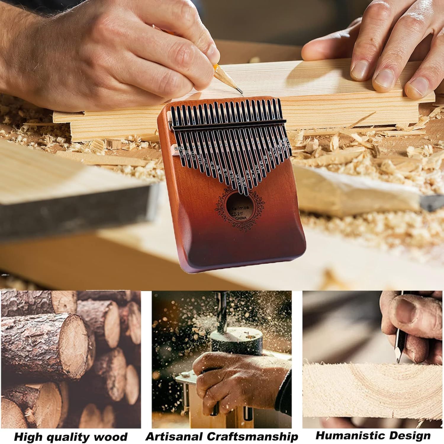 Communicates the product's premium construction through three distinct selling points: quality materials, handcrafted production process, and thoughtful design approach.