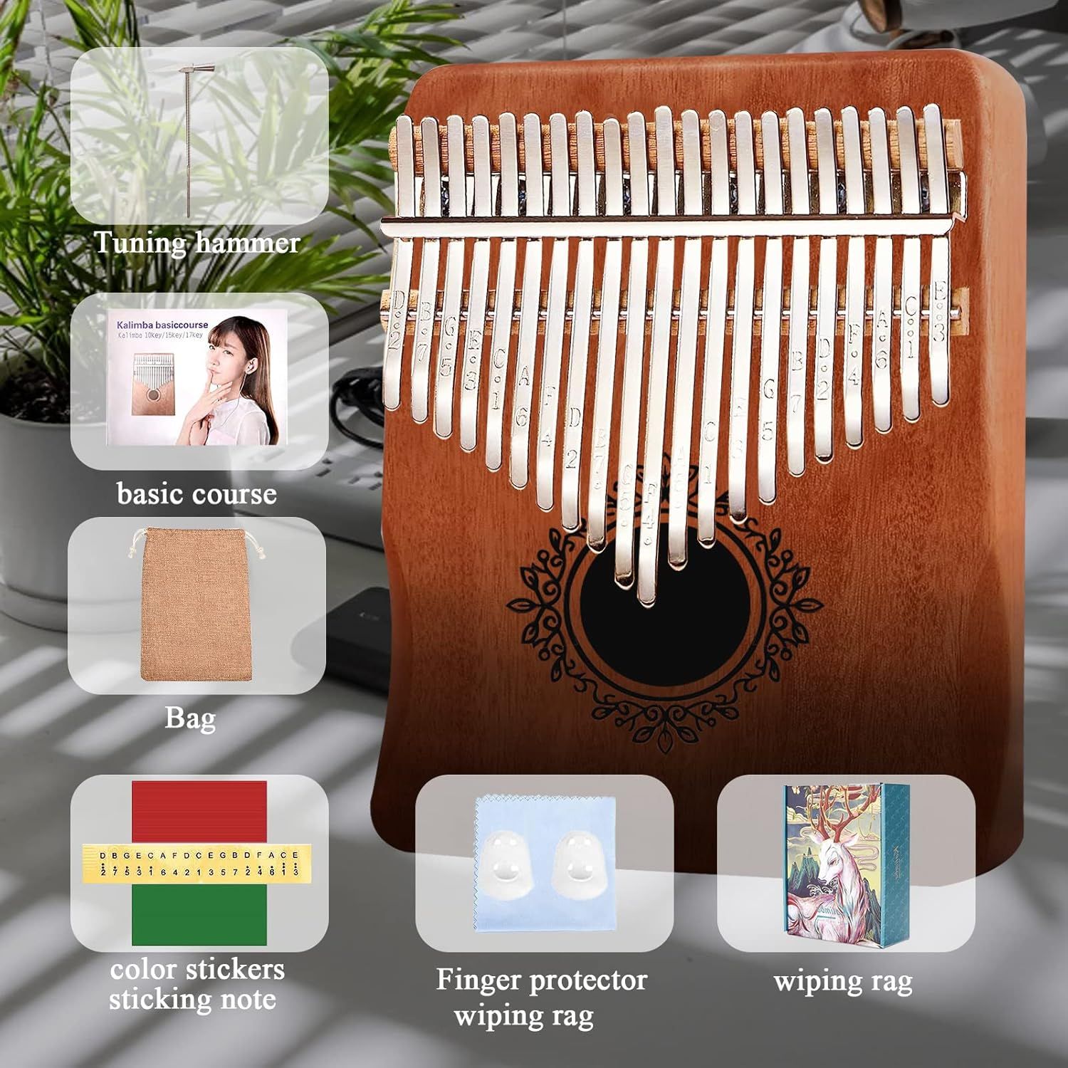 Shows everything included with the kalimba purchase to help shoppers understand the full value of the bundle, including the instrument, tuning hammer, instructional materials, protective…
