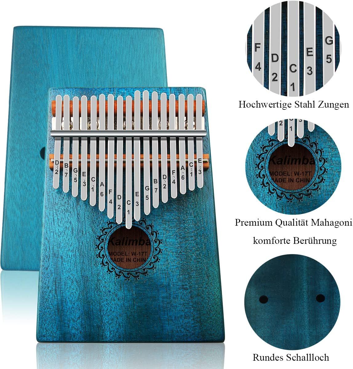 This image breaks down the kalimba's key physical components—the high-quality steel tines, premium mahogany wood construction, and round sound hole—to educate shoppers about the instrument's build…