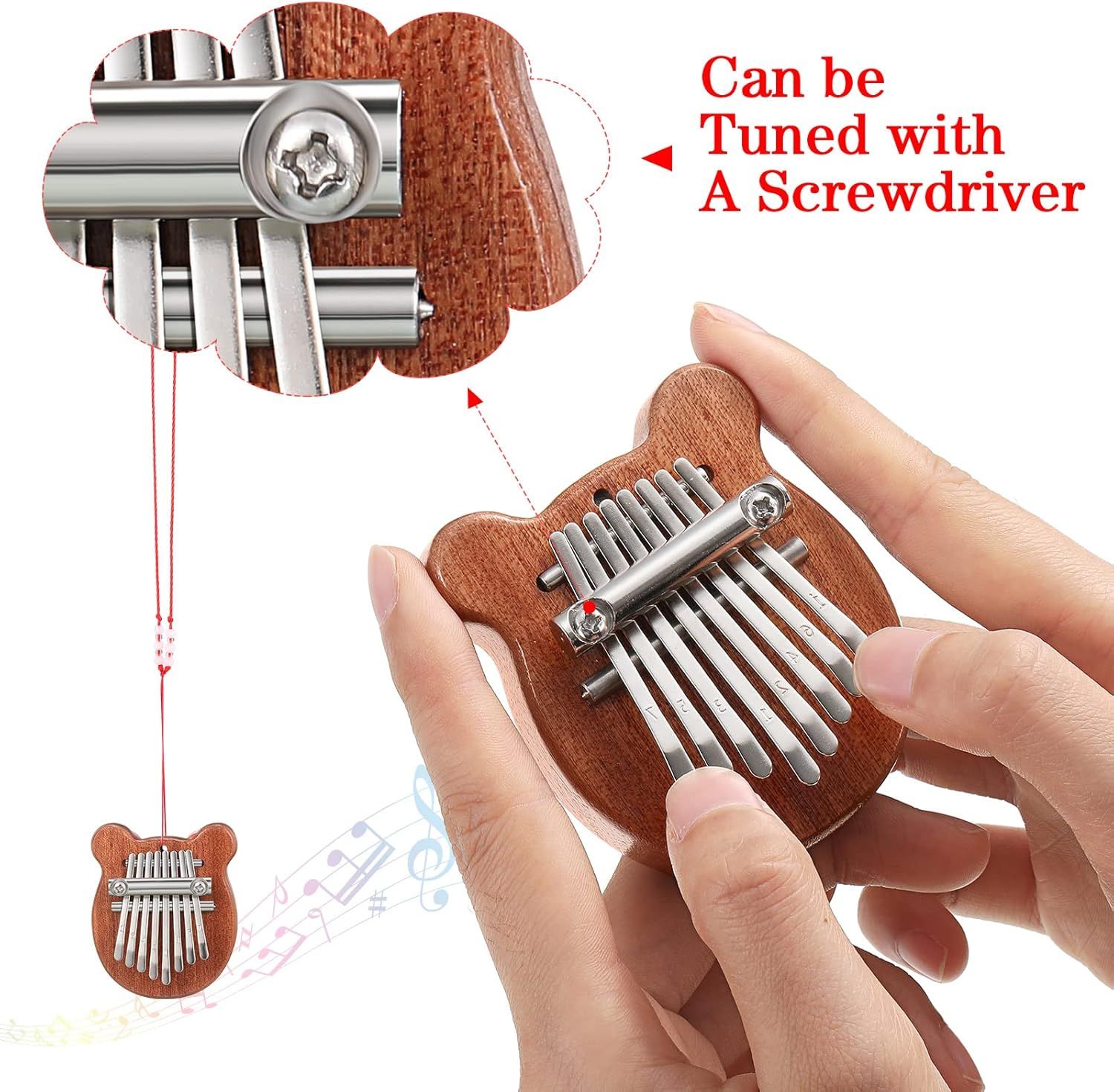 Highlights the tunable screw mechanism of the thumb piano, showing shoppers that the instrument can be easily adjusted with a screwdriver for tuning purposes. Communicates the ease of tuning the…