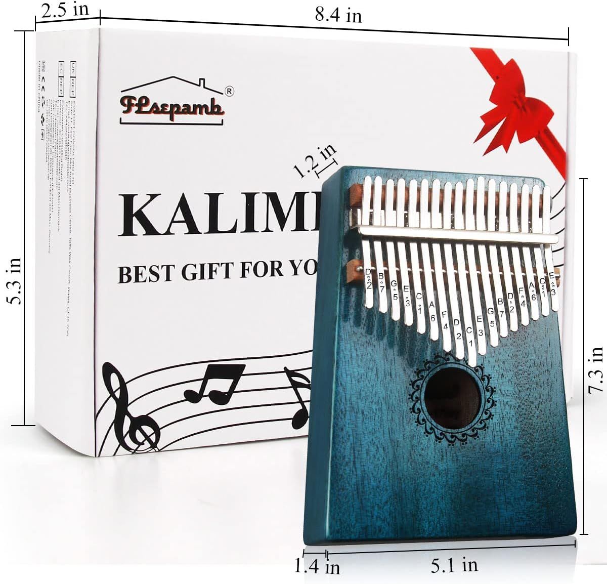 Communicates the exact physical dimensions of the kalimba instrument and its packaging to help shoppers understand the product's compact size and portability.