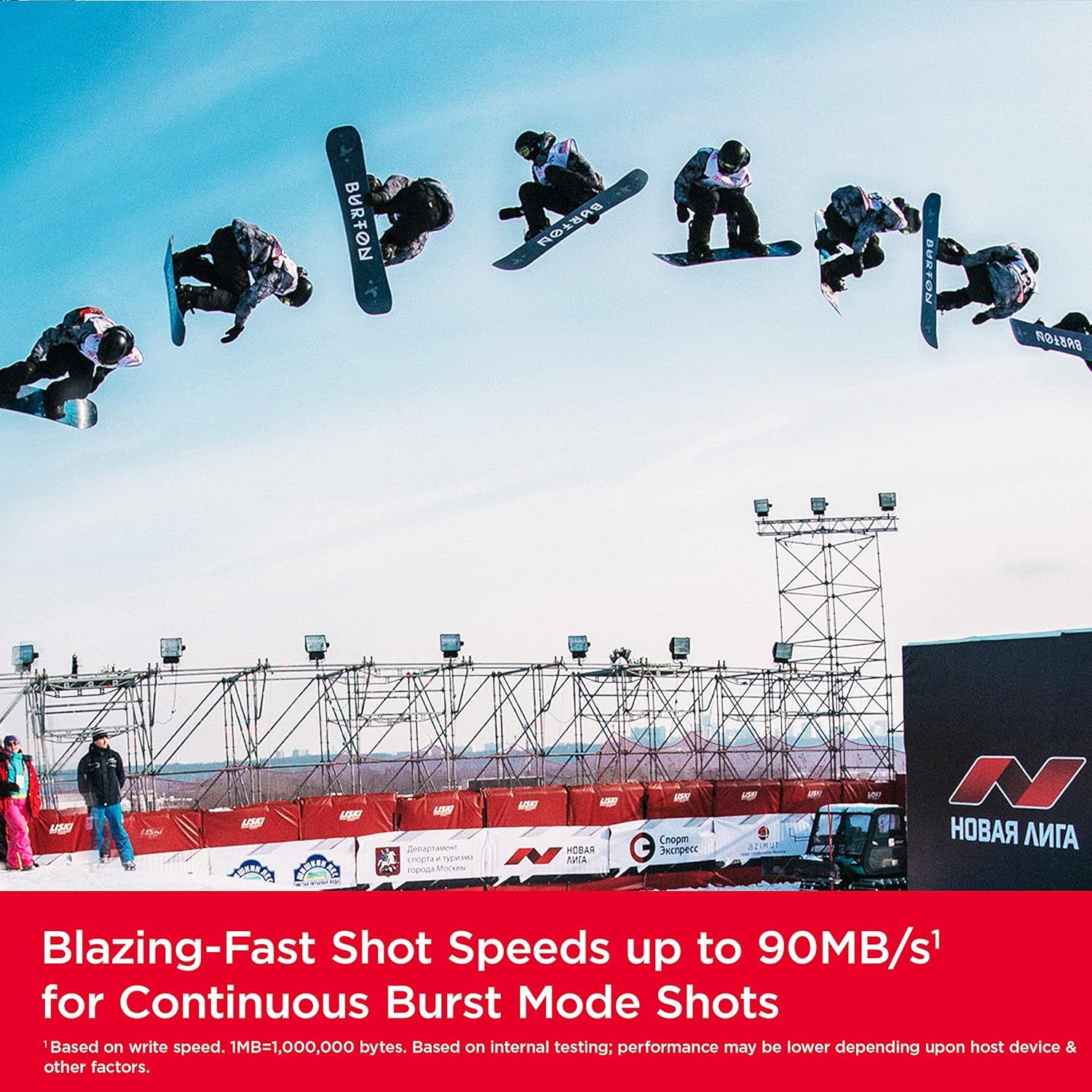 Communicates the product's blazing-fast shot speed of up to 90MB/s for continuous burst mode photography, emphasizing high-performance capability for action photography. Reinforces the core benefit…