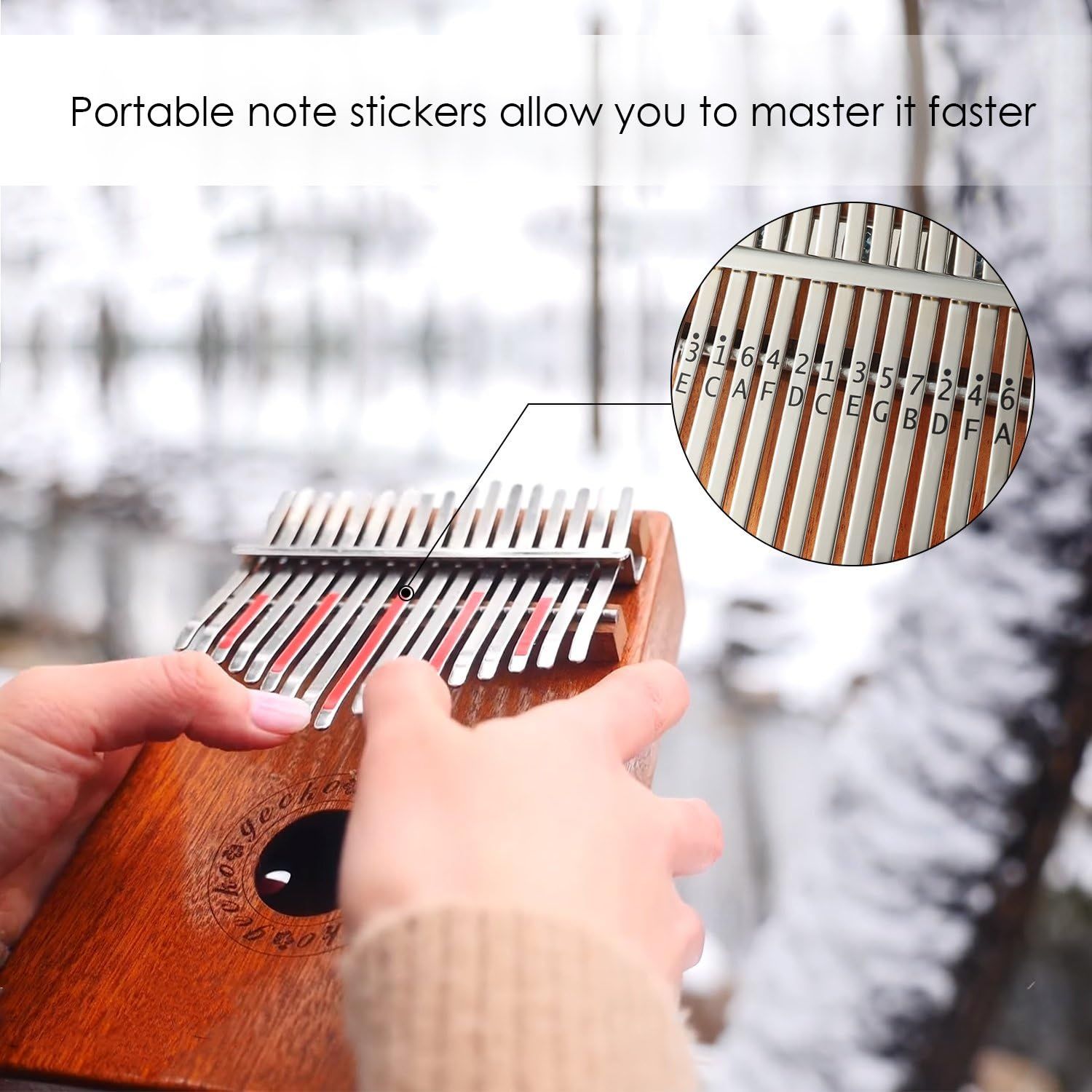 Highlights the included note stickers that label each key with numbers and letters, helping beginners learn to play the instrument faster and more easily. Communicates that the portable note…