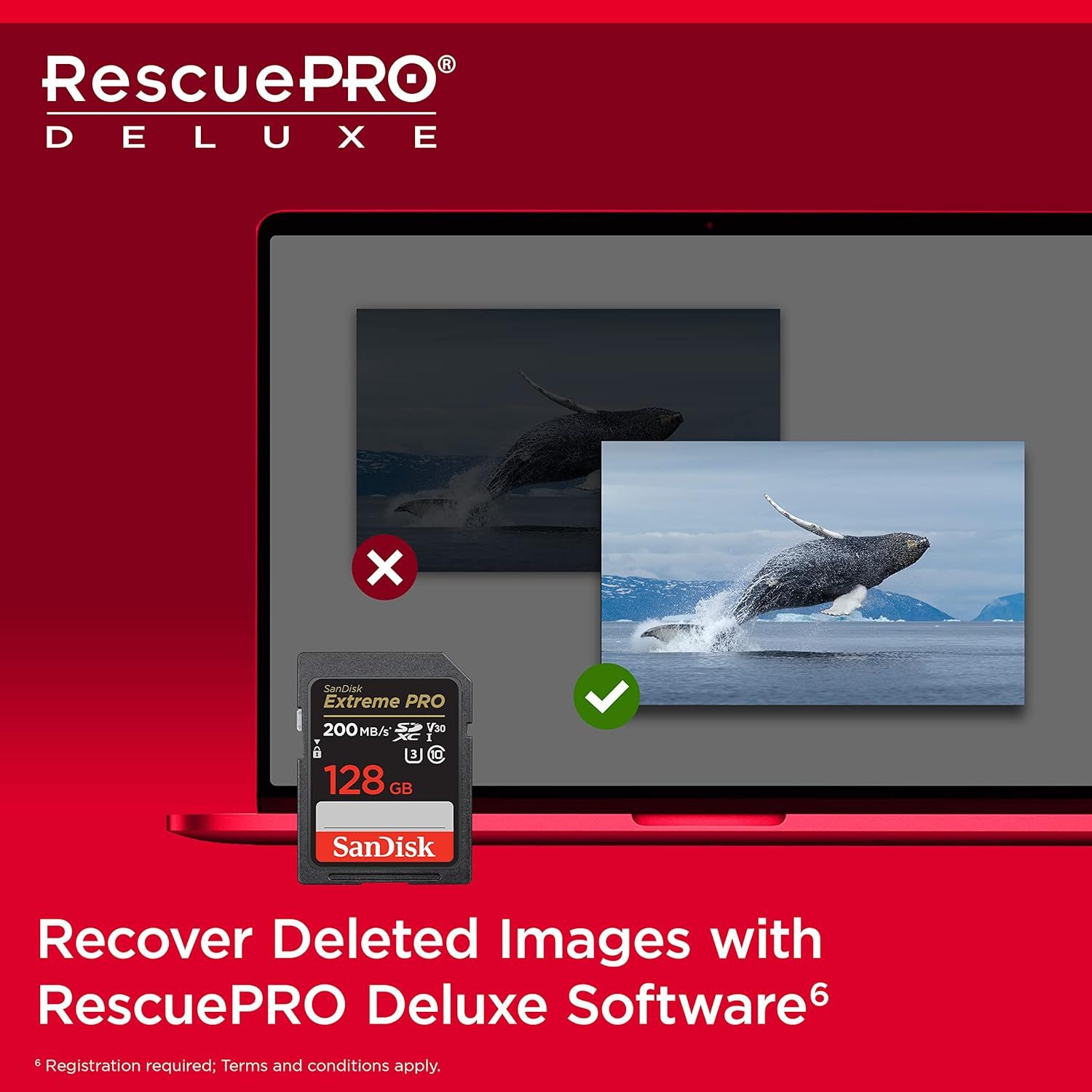 Communicates that the product includes RescuePRO Deluxe software to recover deleted images, providing reassurance and added value to shoppers concerned about data loss.
