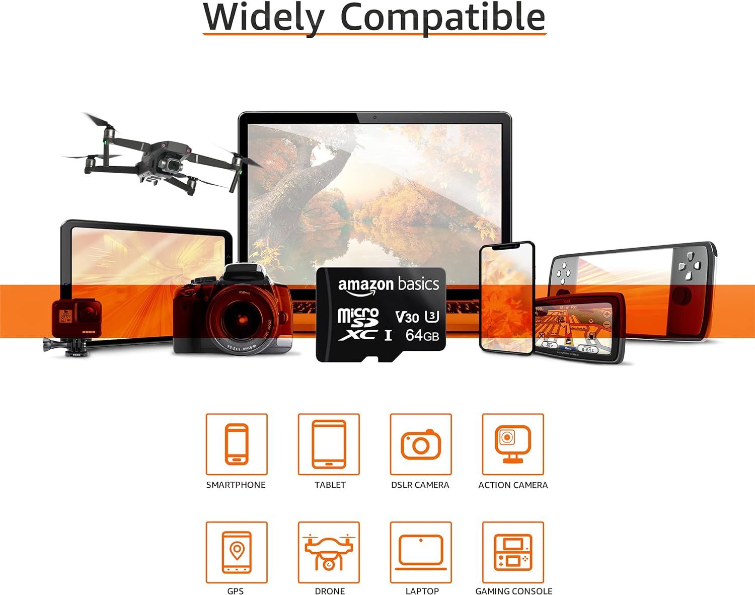 Demonstrates that the Amazon Basics microSD card works with multiple device types including smartphones, tablets, cameras, drones, laptops, and gaming consoles, reassuring shoppers of its…