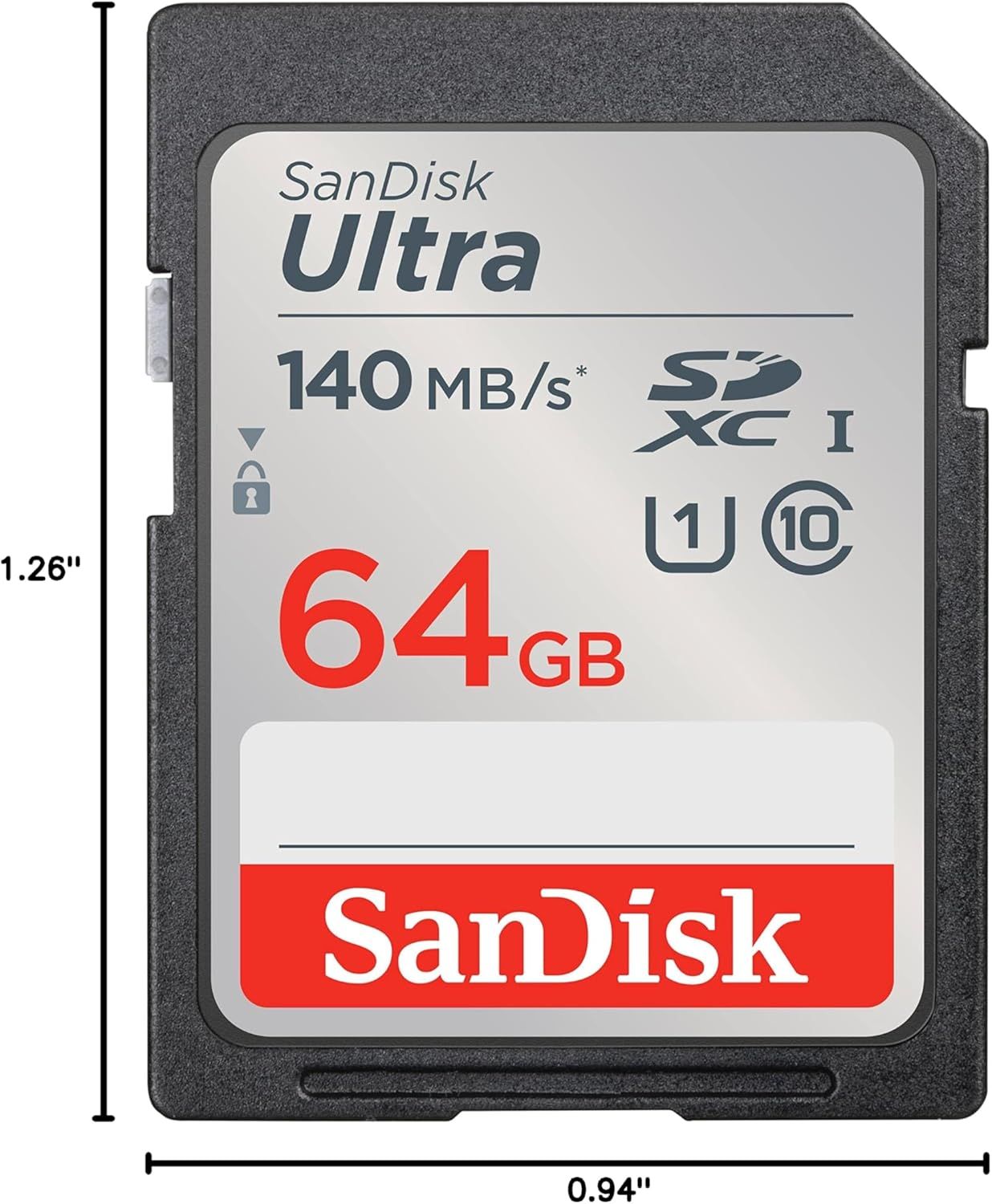 Communicates the exact physical size of the SD card (1.26 inches by 0.94 inches) to help shoppers understand its compact form factor and compatibility with devices.