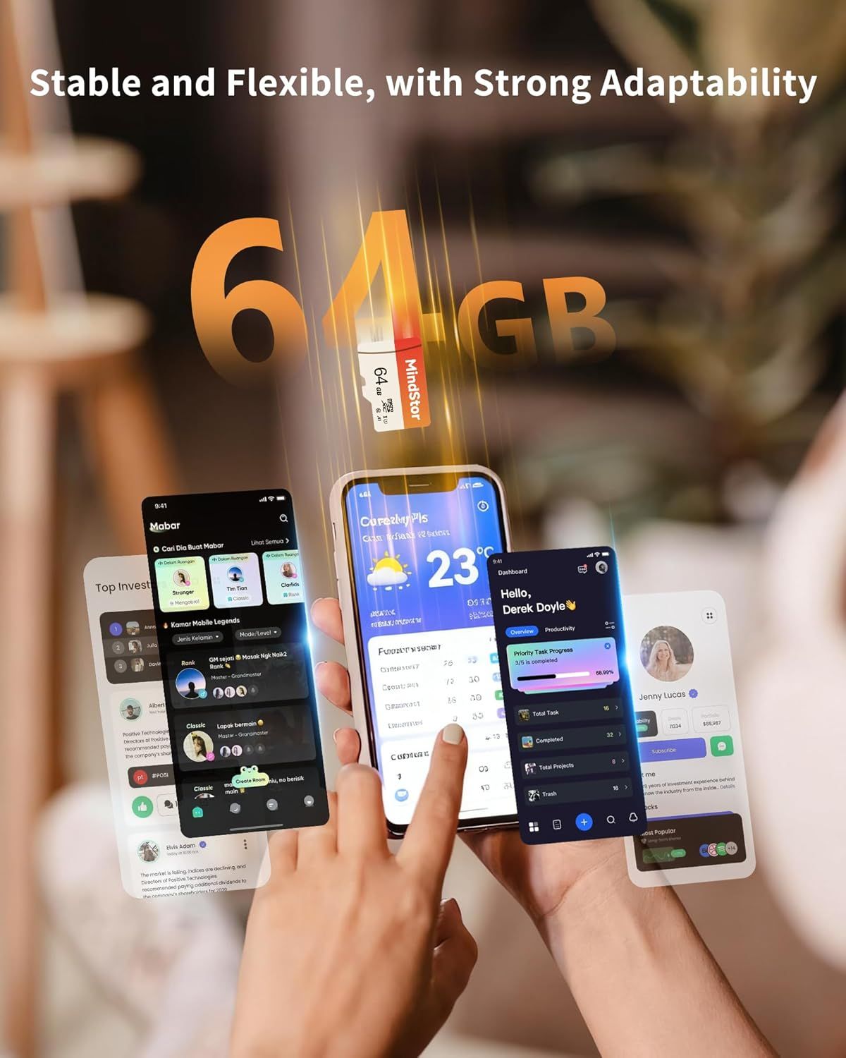 Highlights the product's large 64GB storage capacity to reassure shoppers that the device has ample memory for apps, files, and multitasking. Communicates the device's versatility and adaptability…