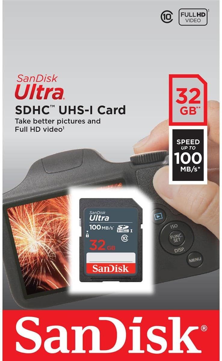 Communicates multiple key benefits of the memory card including storage capacity, transfer speed, and video recording capability to help shoppers understand the product's performance specifications.