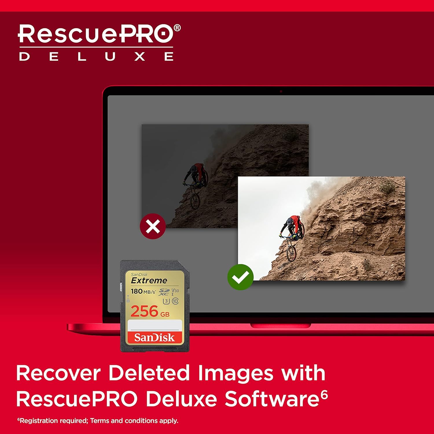 Communicates the key benefit of the included RescuePRO Deluxe software—the ability to recover deleted images—reassuring customers that their data is protected and recoverable.