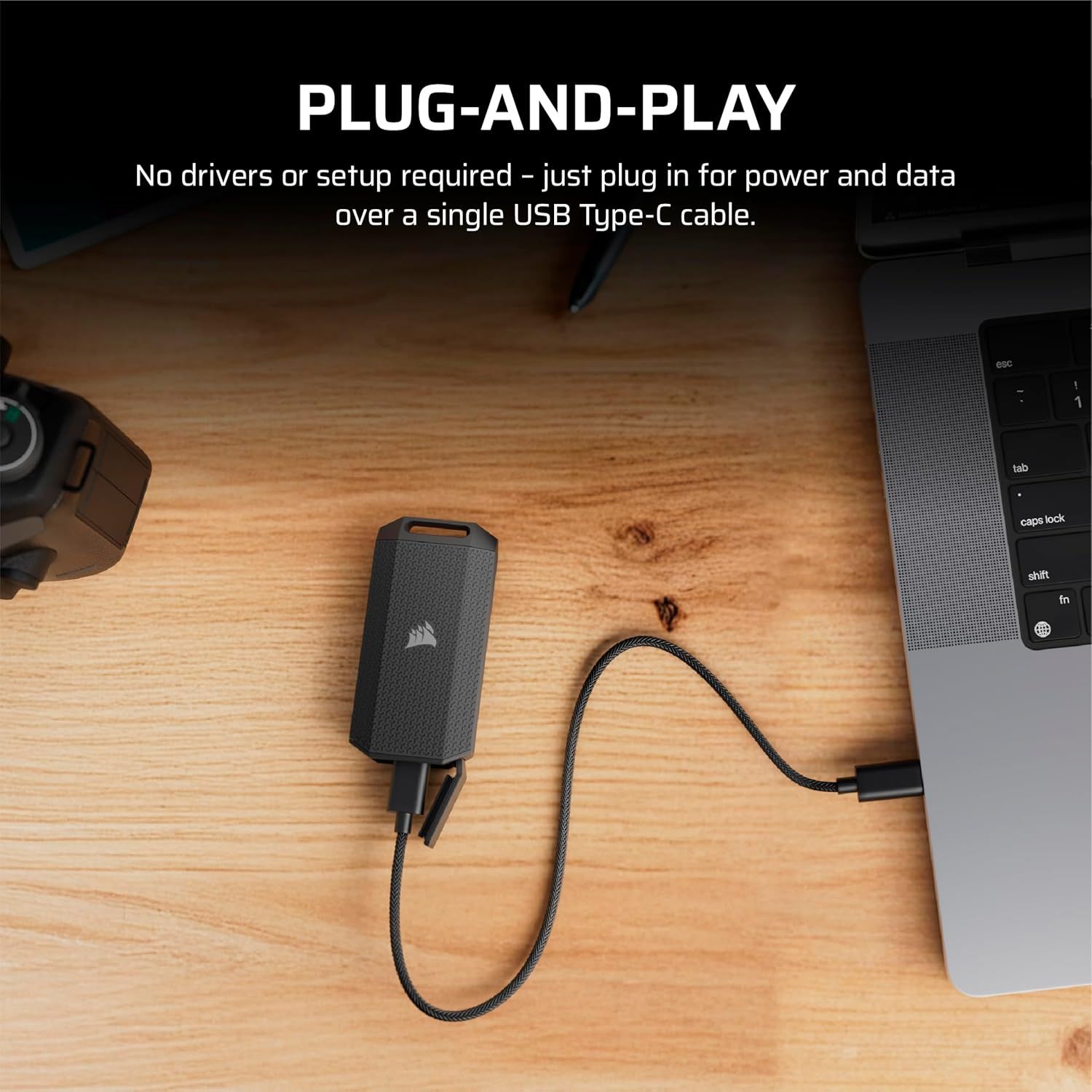 Communicates that the product requires no drivers or setup—just a single USB Type-C cable connection—to reassure shoppers of hassle-free installation and immediate usability.
