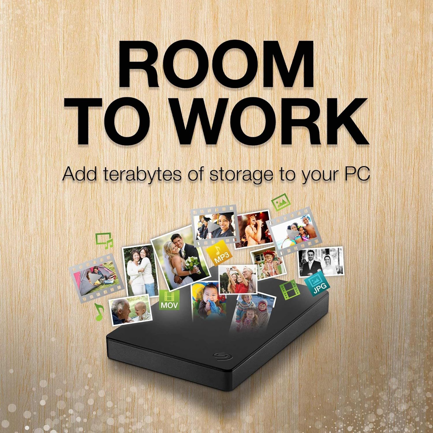 Emphasizes the massive storage capacity of the external hard drive, reassuring shoppers they can store vast amounts of photos, videos, and files. Communicates the primary benefit of having ample…