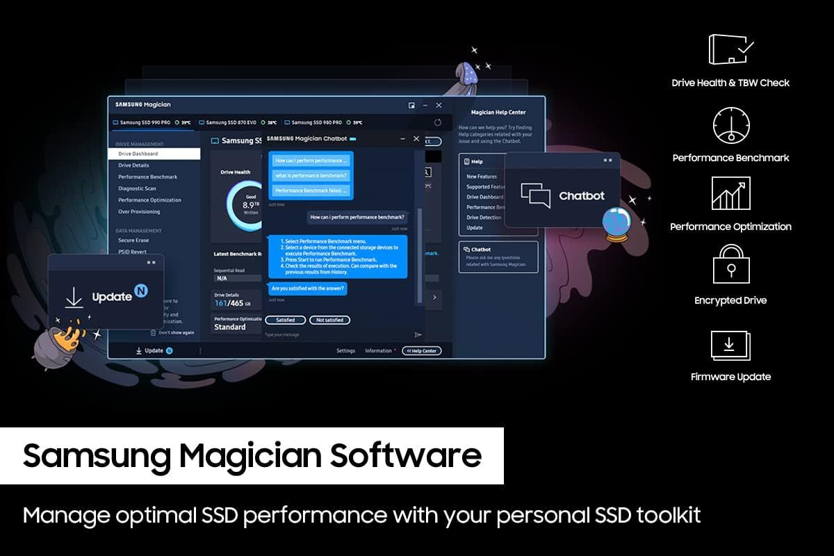 Showcases the multiple capabilities of the Samsung Magician software toolkit, demonstrating its comprehensive feature set for managing and optimizing SSD performance.