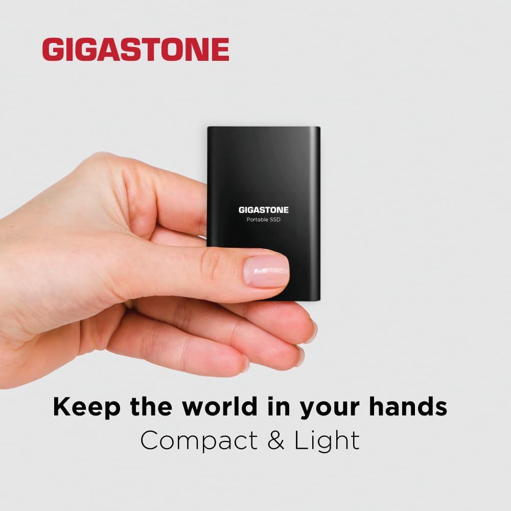 Demonstrates the portable SSD's ultra-compact size by showing it held in a hand, reassuring shoppers that it's easy to carry and travel with.