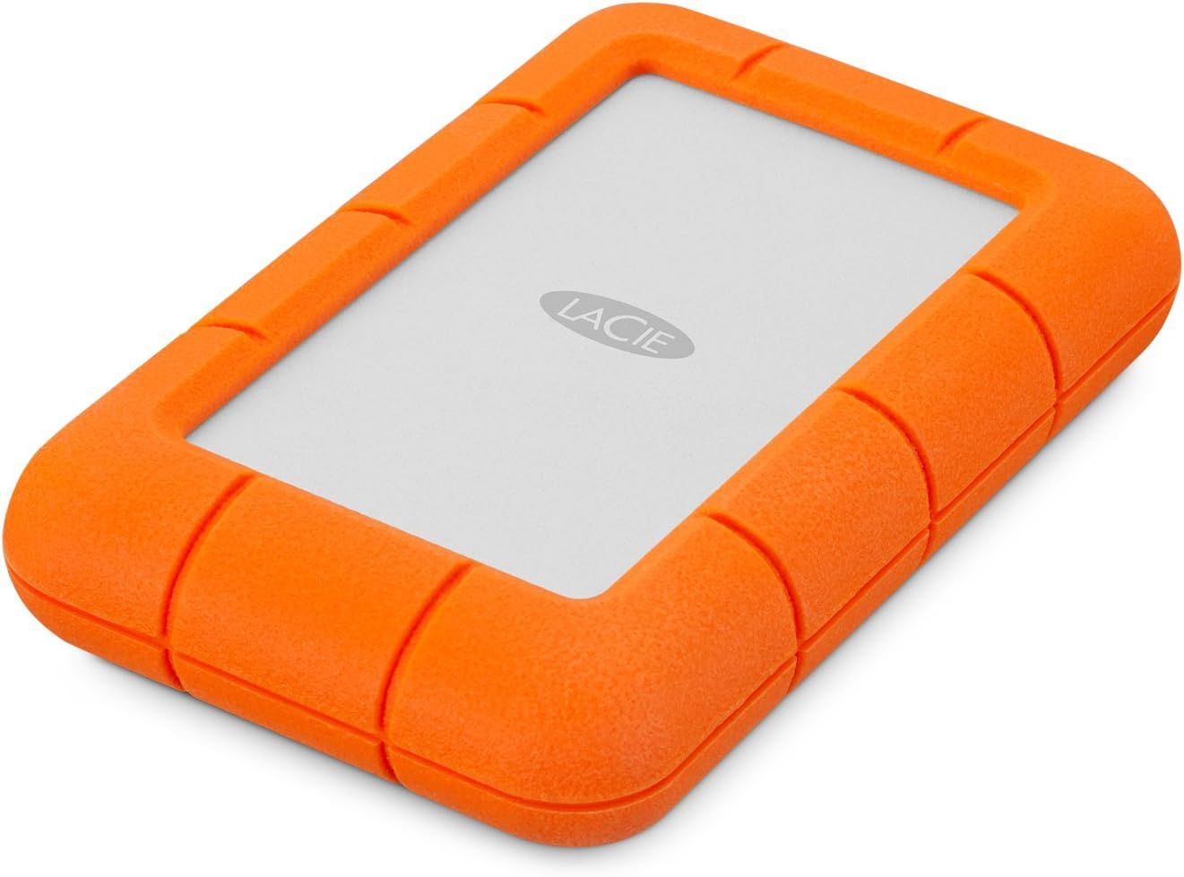 Provides a clean, catalog-style view of the LaCie rugged external hard drive with its protective orange bumper, allowing shoppers to see the product clearly without distractions.