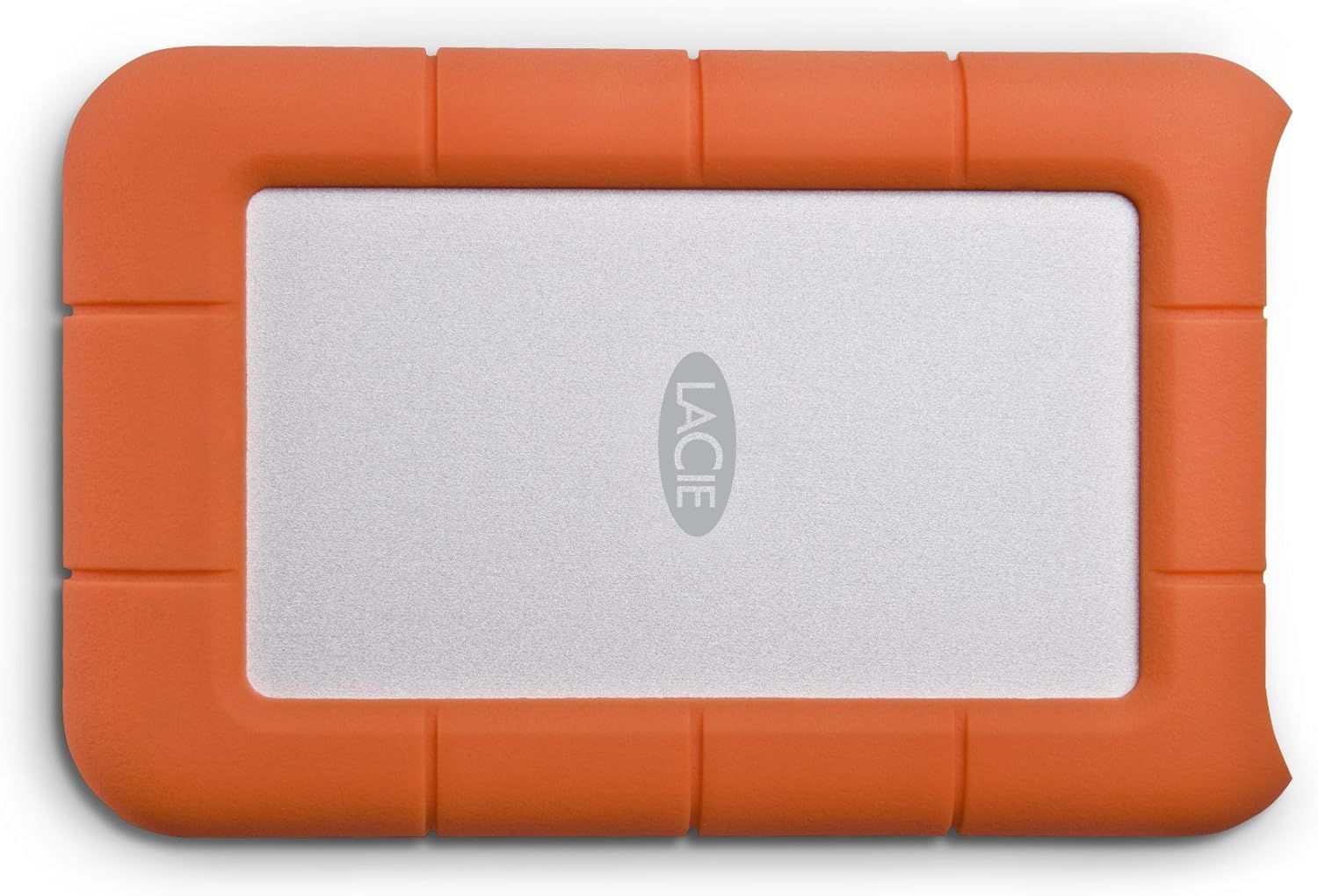 Shows the product in its protective orange rugged case on a clean white background, allowing shoppers to see the physical appearance and design of the product clearly.