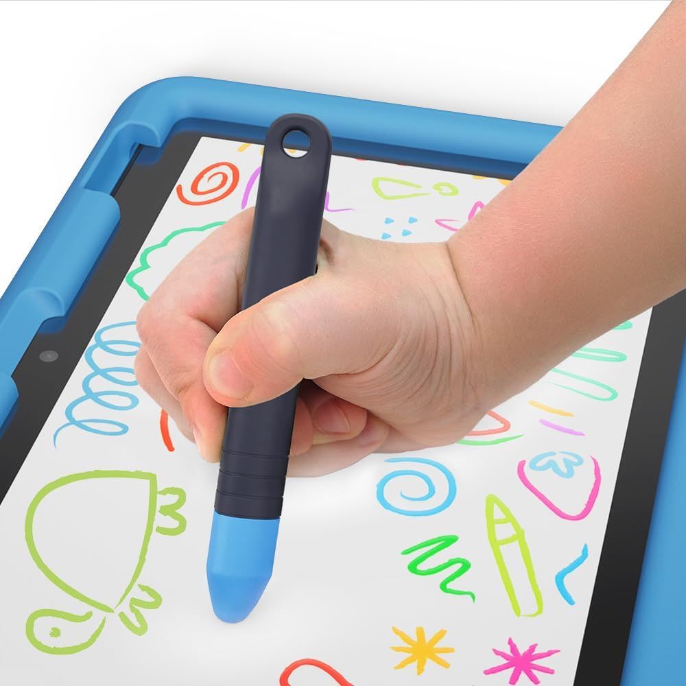 Shows the product being used by a child in a real-world context, demonstrating the ergonomic stylus grip and the drawing tablet's functionality with colorful drawings visible on screen.