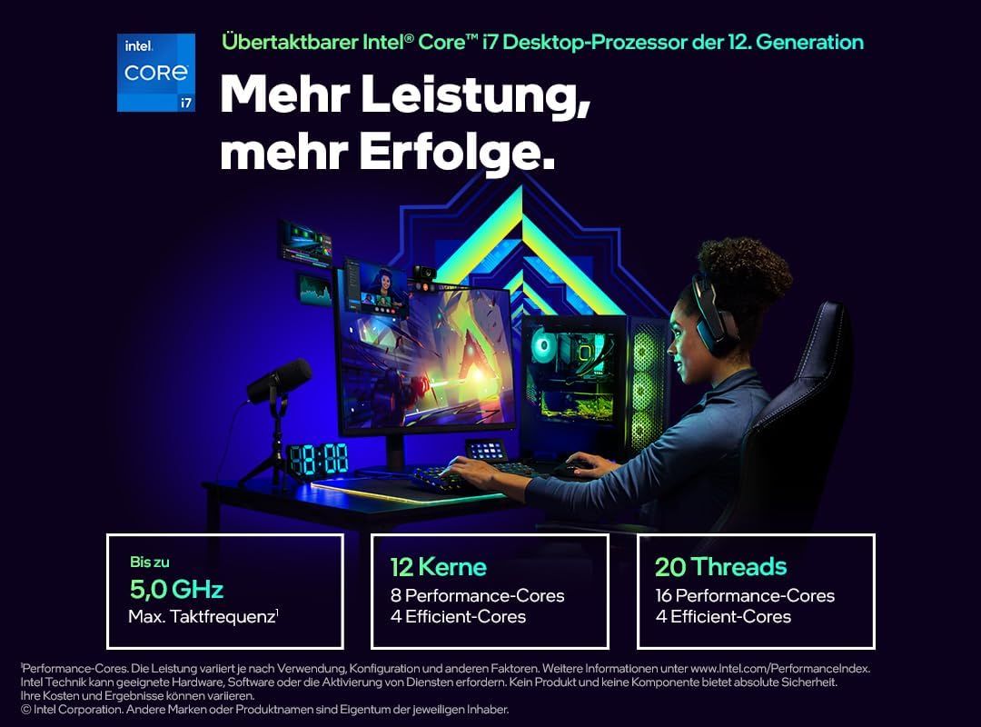 Communicates the technical specifications and performance capabilities of the Intel Core i7 12th Generation processor across multiple distinct benefit areas to appeal to gamers and power users.