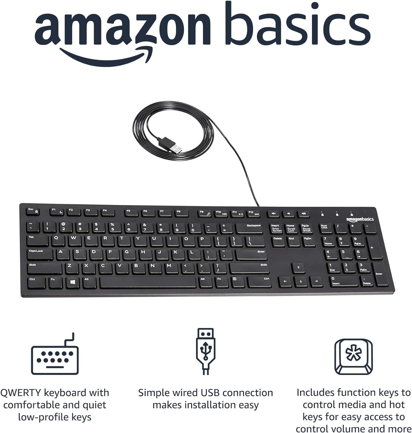 Communicates multiple key benefits of the keyboard in a segmented layout: comfortable QWERTY design, easy USB installation, and convenient function/media keys for volume and playback control.