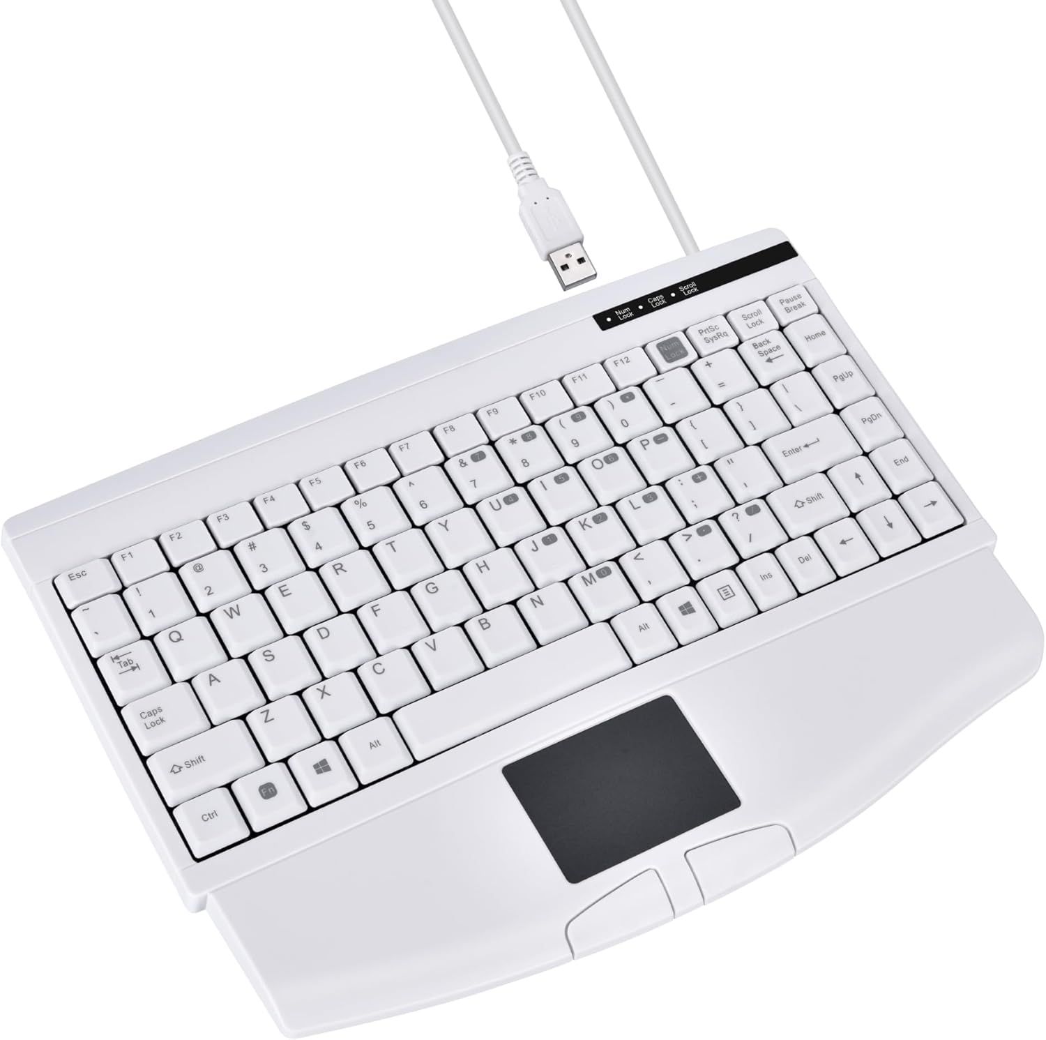 Provides a clean, catalog-style view of the keyboard with integrated touchpad, showing the full product design and USB connection without distractions.