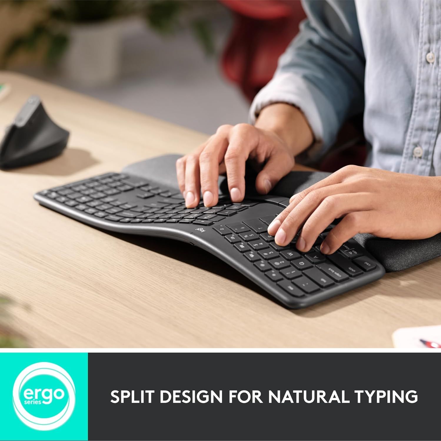 Highlights the keyboard's split ergonomic design to communicate that it enables natural, comfortable typing posture for improved user comfort during extended use.