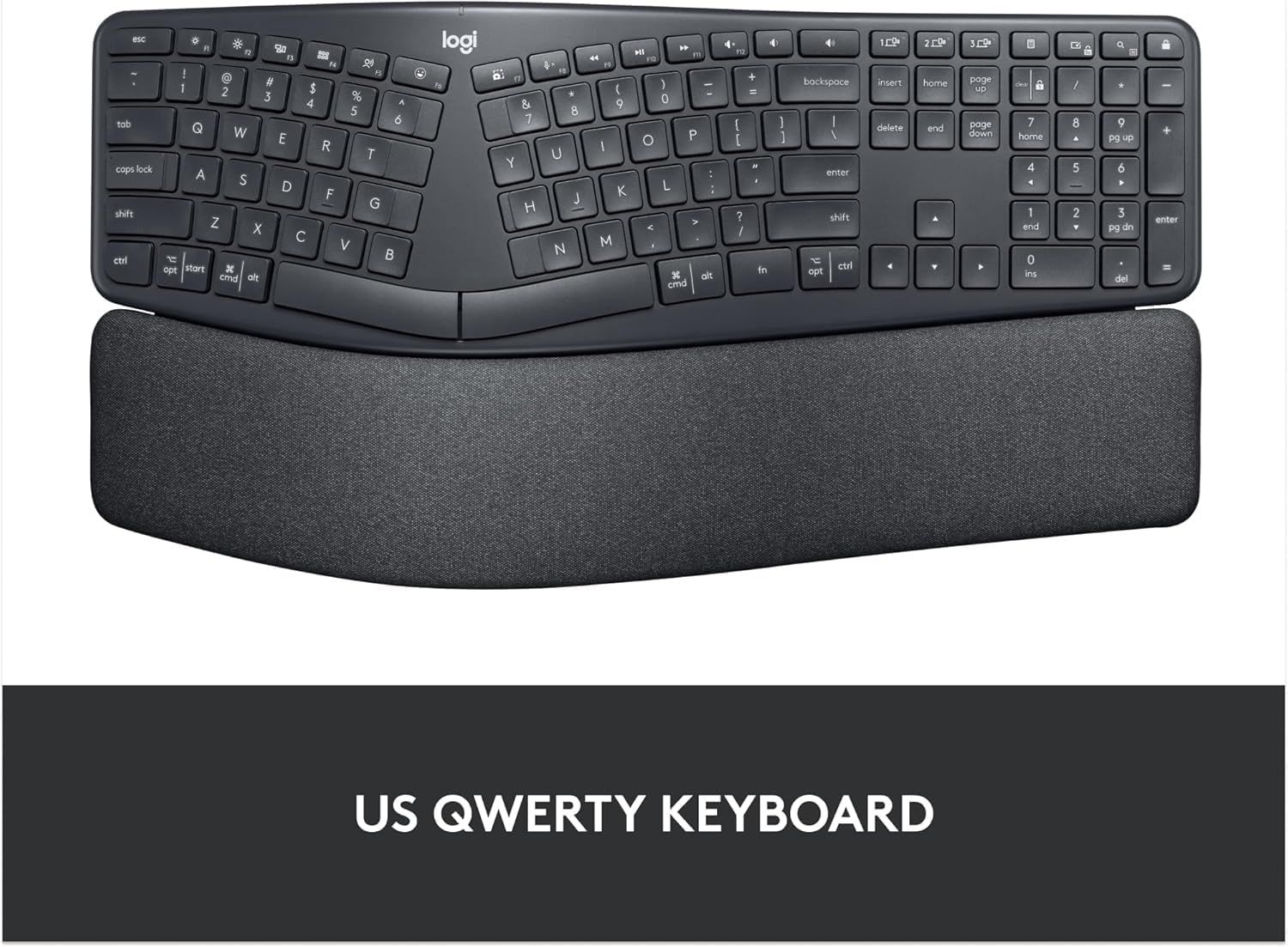 Displays the full product on a clean white background to show the ergonomic split keyboard design with integrated cushioned wrist rest and US QWERTY layout specification.