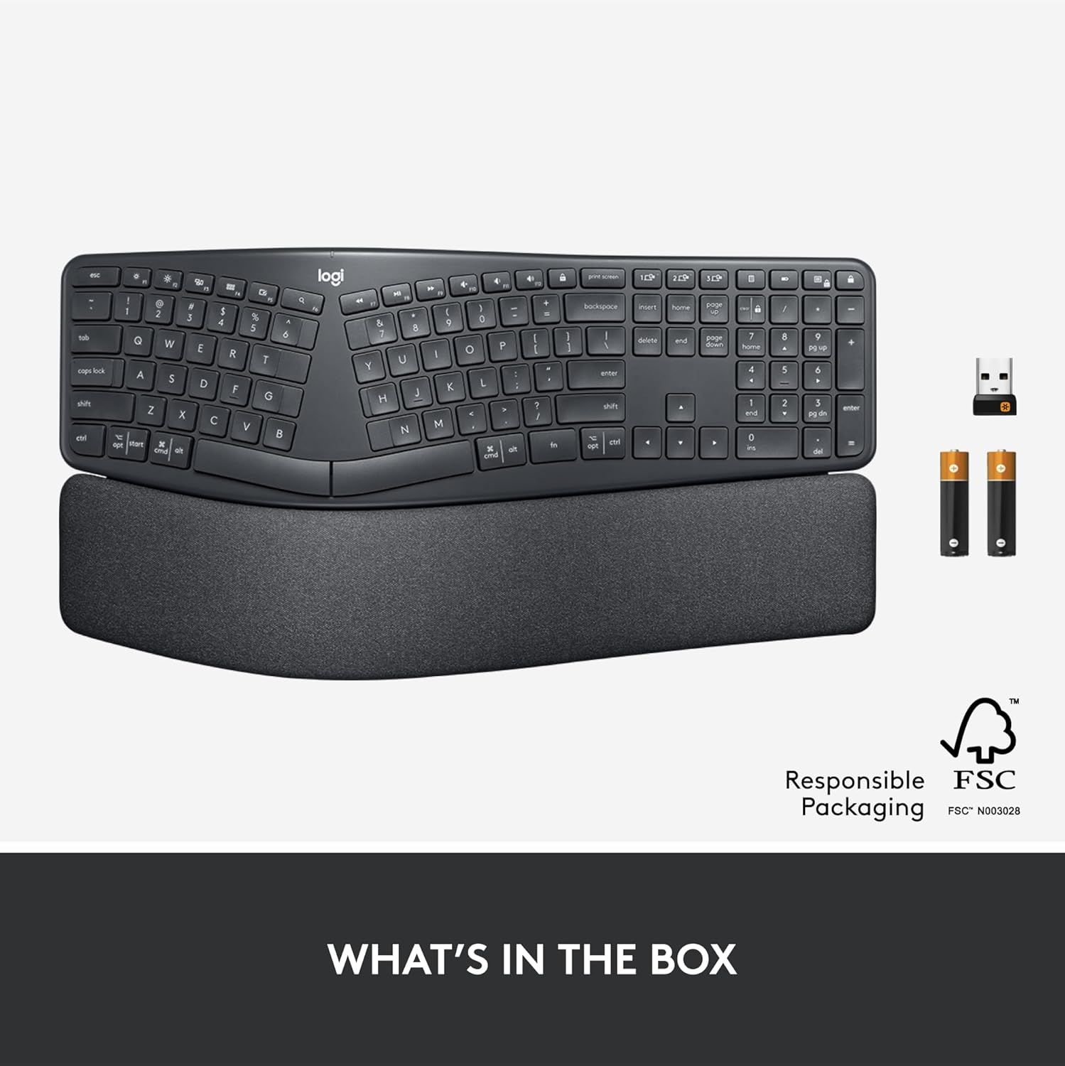 Shows the customer everything included in the package: the ergonomic keyboard with wrist rest, wireless USB receiver, and two batteries. Also highlights the responsible FSC-certified packaging.…