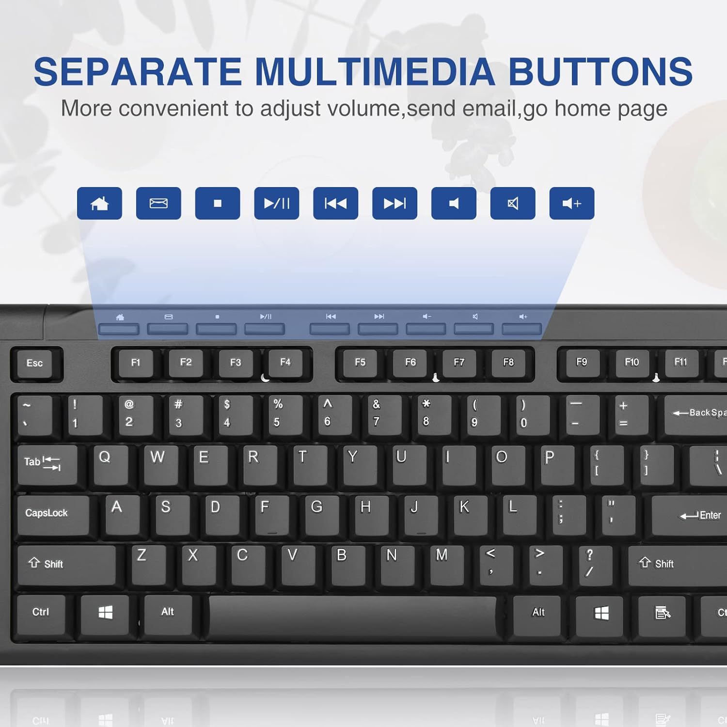 Highlights the keyboard's dedicated multimedia buttons that provide convenient shortcuts for adjusting volume, sending email, and navigating to the home page, emphasizing ease of use and quick…