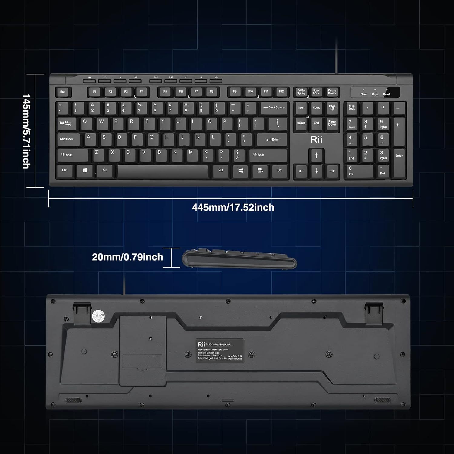 Communicates the exact physical dimensions of the keyboard (445mm width, 145mm height, 20mm thickness) to help shoppers understand the product's size and ensure it fits their workspace.