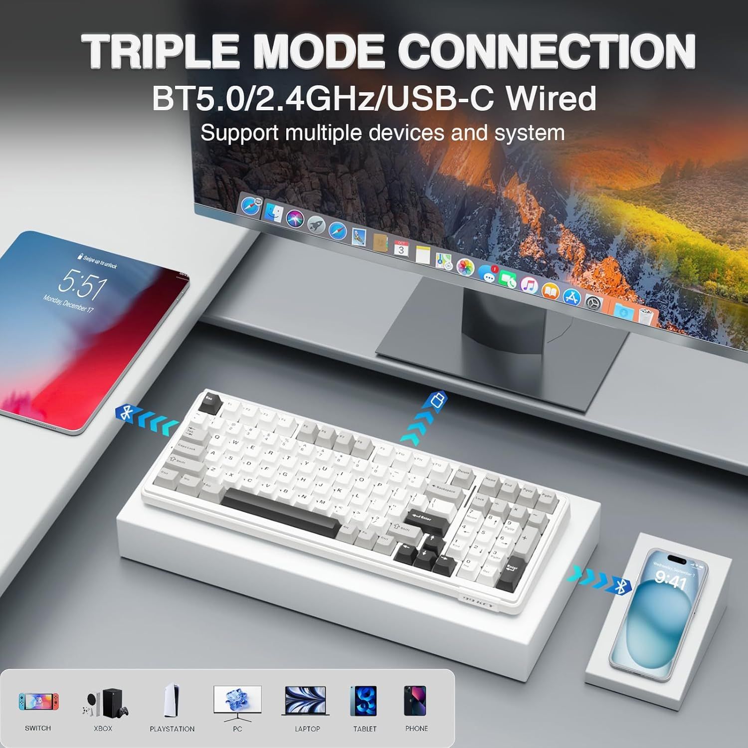 Demonstrates the keyboard's versatility by showing it can connect to multiple devices simultaneously (tablet, computer, phone) across different platforms (Switch, Xbox, PlayStation, PC, Laptop,…