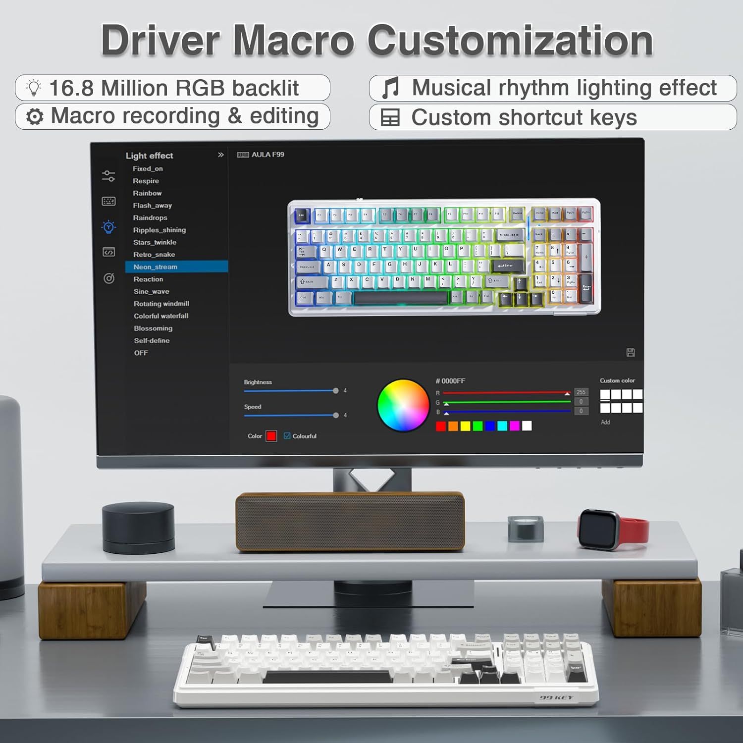 Showcases multiple distinct features of the keyboard's driver software and customization capabilities, including RGB lighting, macro functionality, music sync, and programmable keys, to demonstrate…
