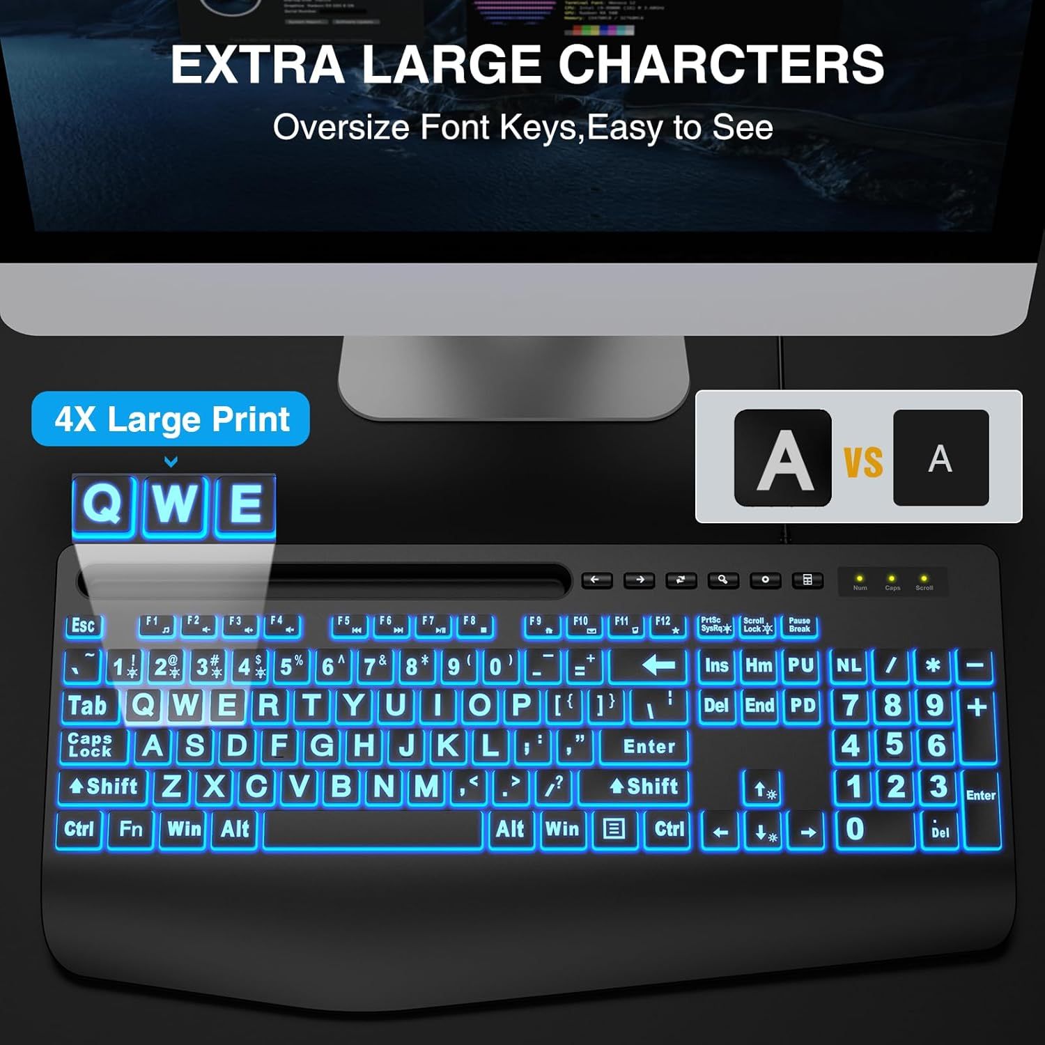 Demonstrates that this keyboard has significantly larger, easier-to-see characters compared to standard keyboards, making it ideal for users with vision challenges. Highlights the primary benefit of…