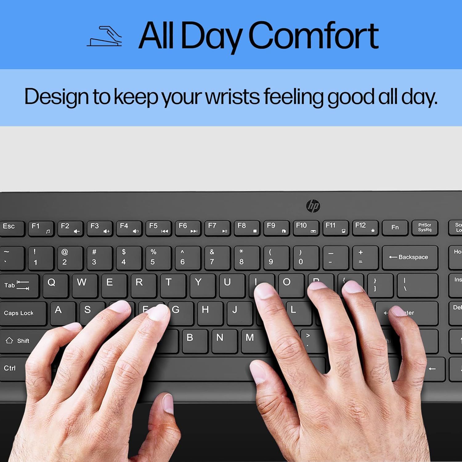Communicates that the keyboard is designed for all-day comfort and ergonomic wrist support, reassuring shoppers that it reduces strain during extended typing sessions.