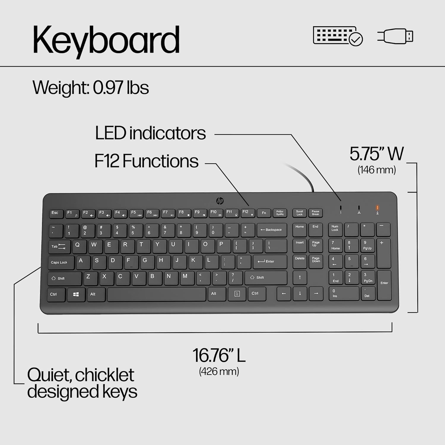 This image breaks down the keyboard's physical components and specifications, helping shoppers understand the product's construction, features, and size before purchase.