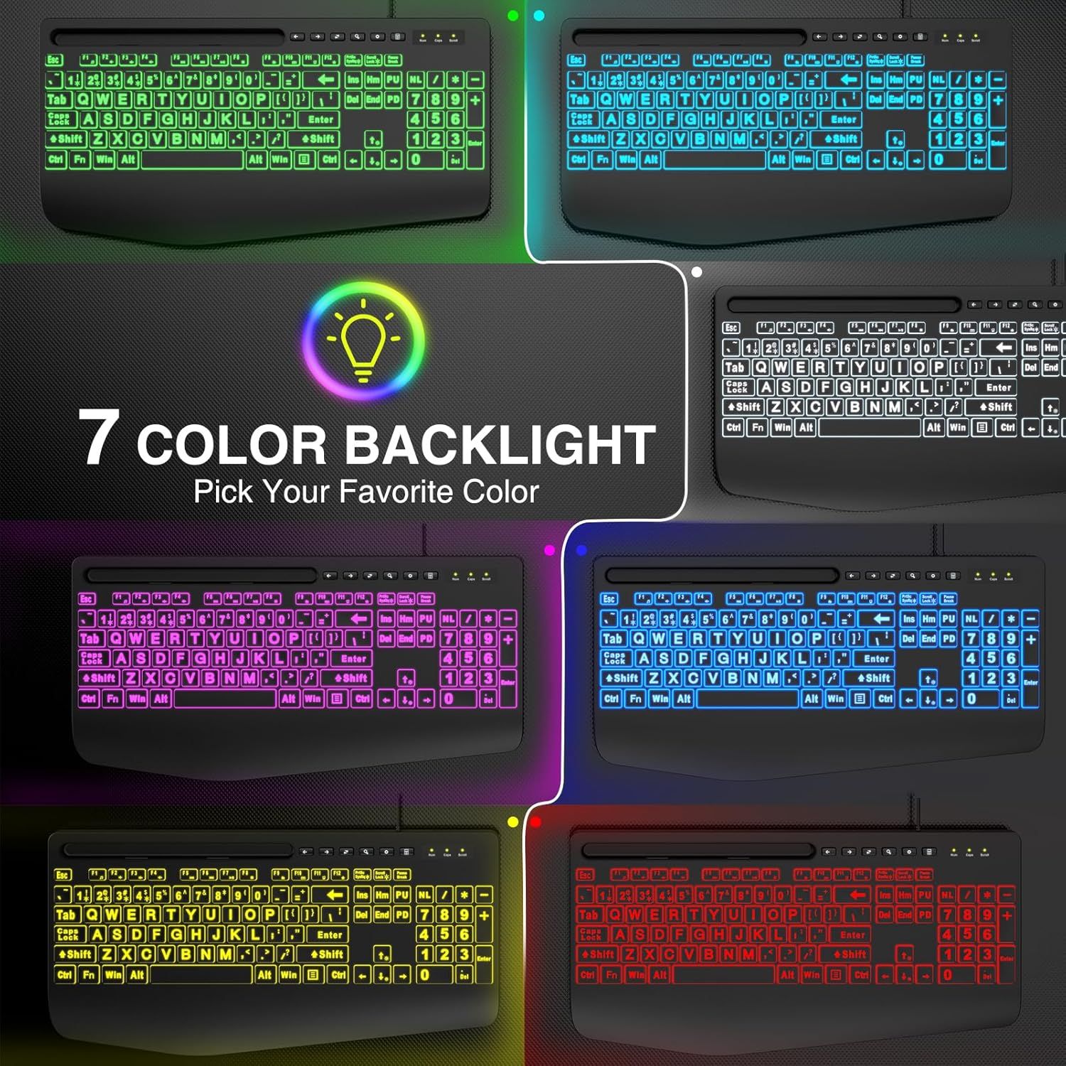 Highlights the keyboard's customizable RGB backlighting feature with 7 color options, allowing shoppers to personalize their setup and reassuring them of the product's aesthetic versatility.