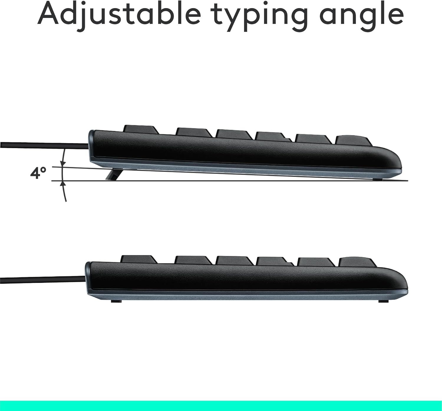 Demonstrates the keyboard's adjustable angle feature, showing how the product can be positioned at 4° for ergonomic typing comfort. Highlights the ergonomic benefit of adjustable typing angles to…