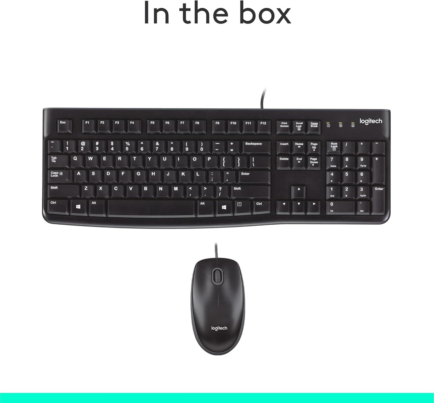 Shows the customer exactly what items are included in the package: a full-size Logitech keyboard and a wired Logitech mouse.